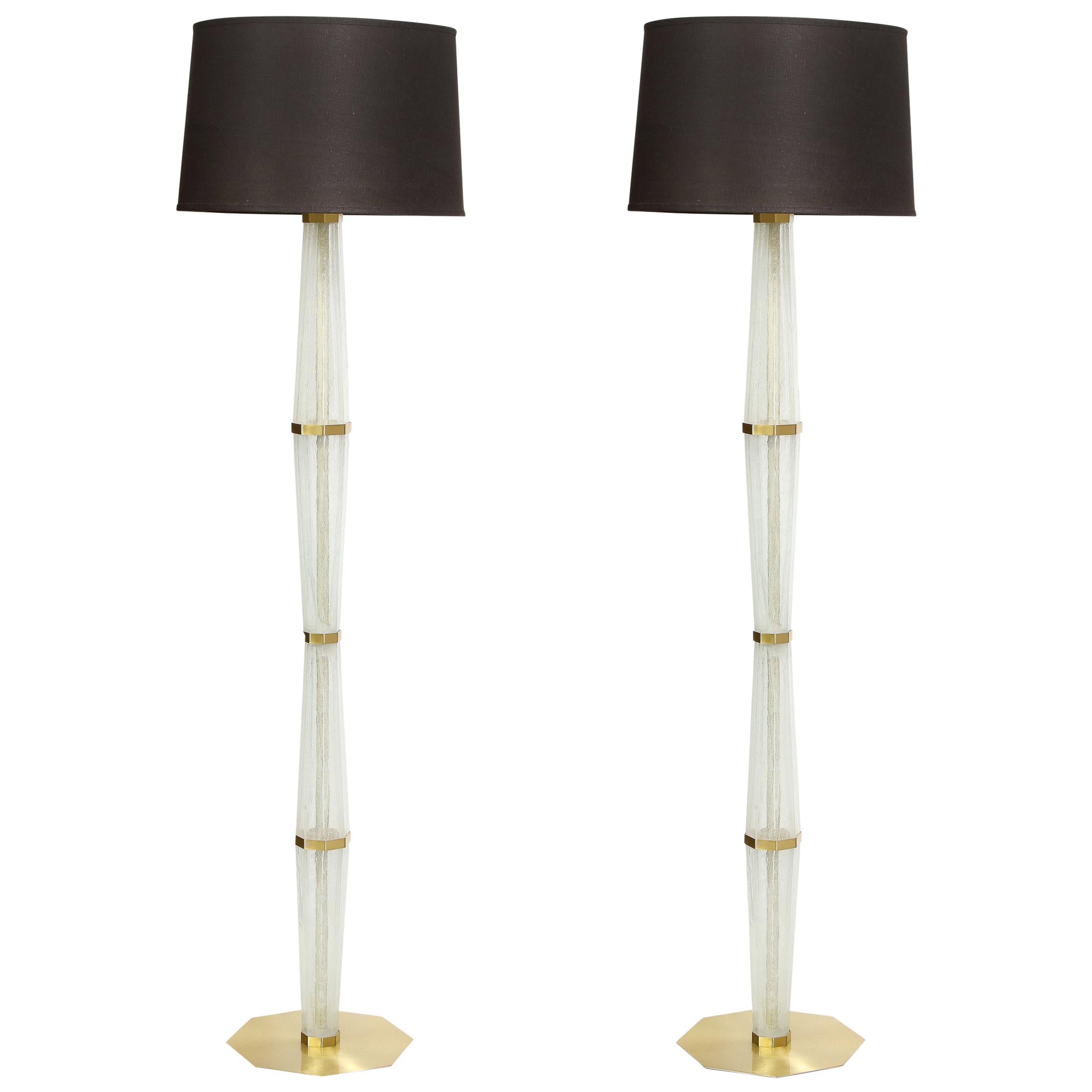 Modernist Hand Blown White Murano Glass and Polished Brass Hourglass Floor Lamps For Sale