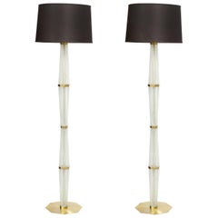 Modernist Hand Blown White Murano Glass and Polished Brass Hourglass Floor Lamps