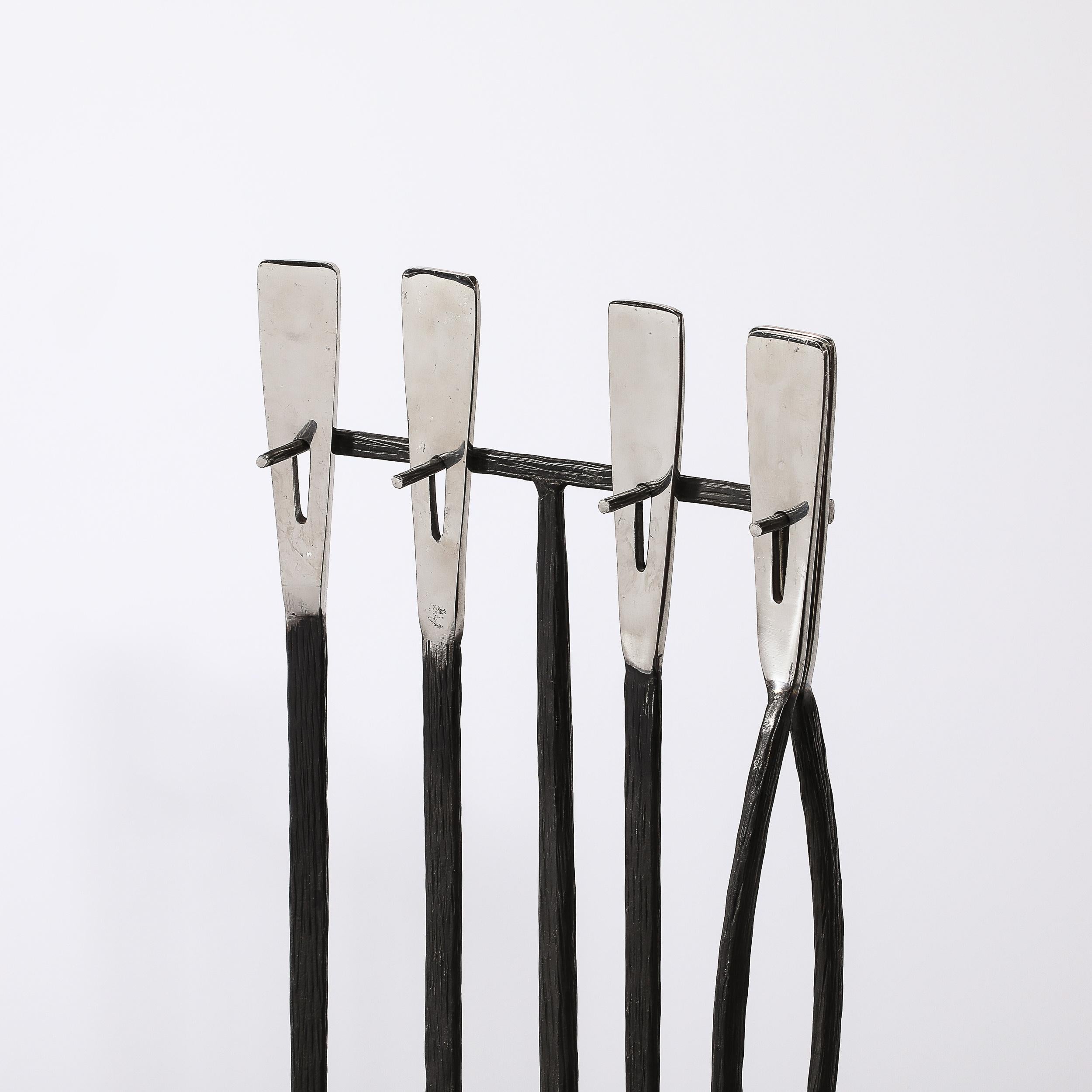 American Modernist Hand-Forged Faux Bois Fire Tool Set in Wrought & Polished Iron For Sale