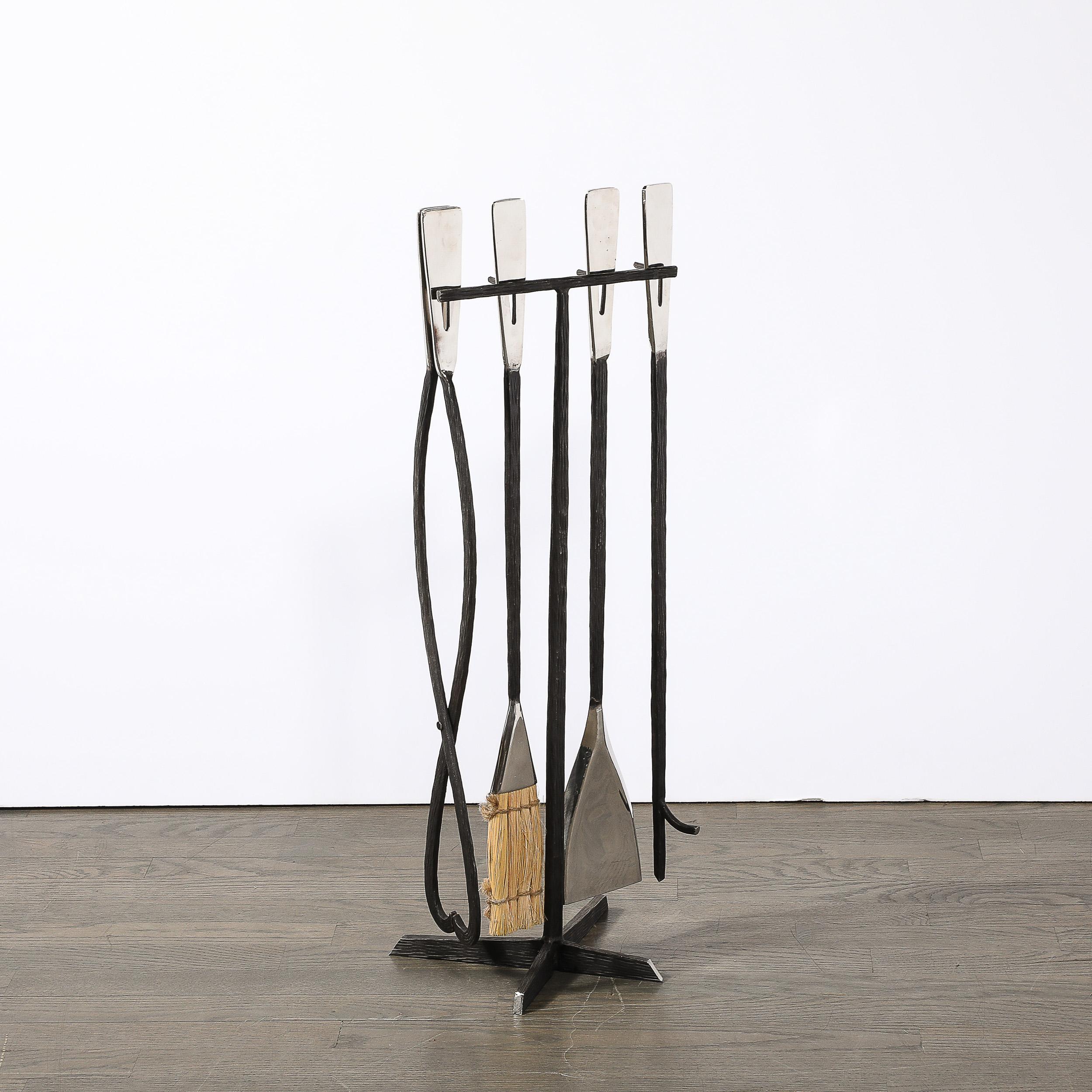 20th Century Modernist Hand-Forged Faux Bois Fire Tool Set in Wrought & Polished Iron For Sale