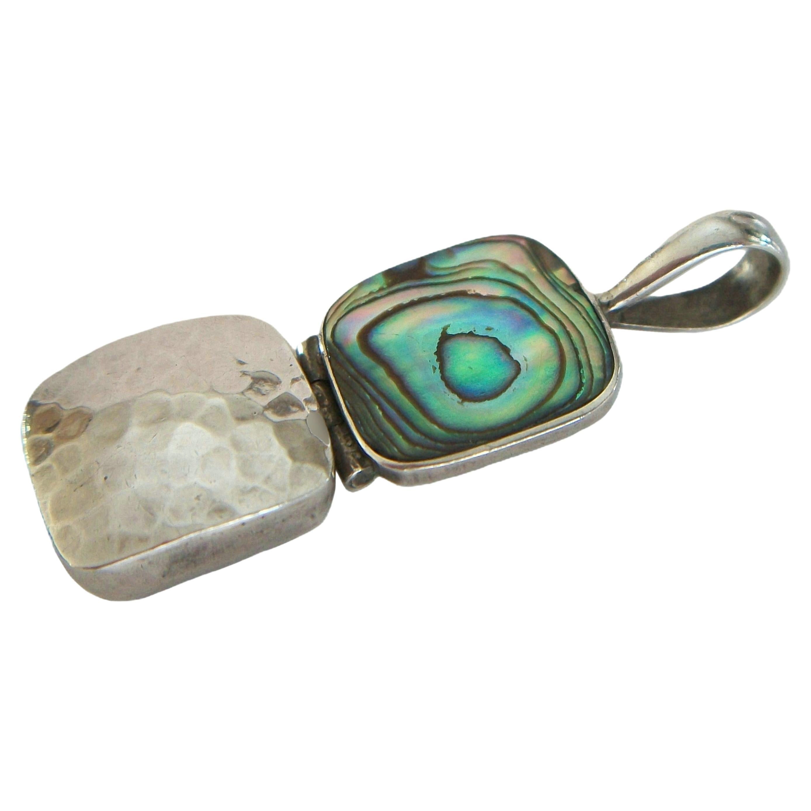 Modernist Hand Hammered Sterling Silver 
Abalone Pendant - U.S. - Circa 1980
s For Sale