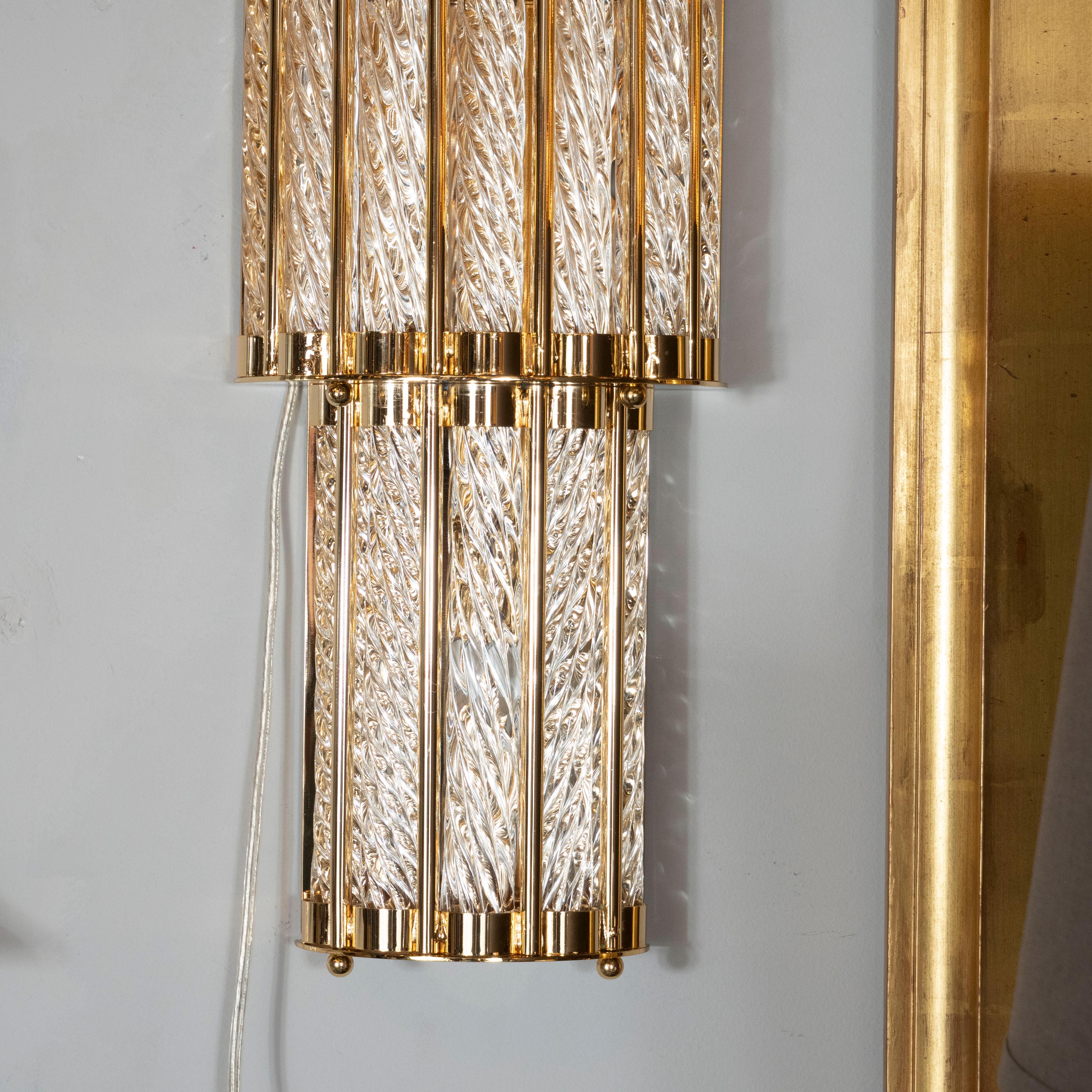 Italian Modernist Handblown Murano Braided Translucent Glass Sconces in Polished Brass