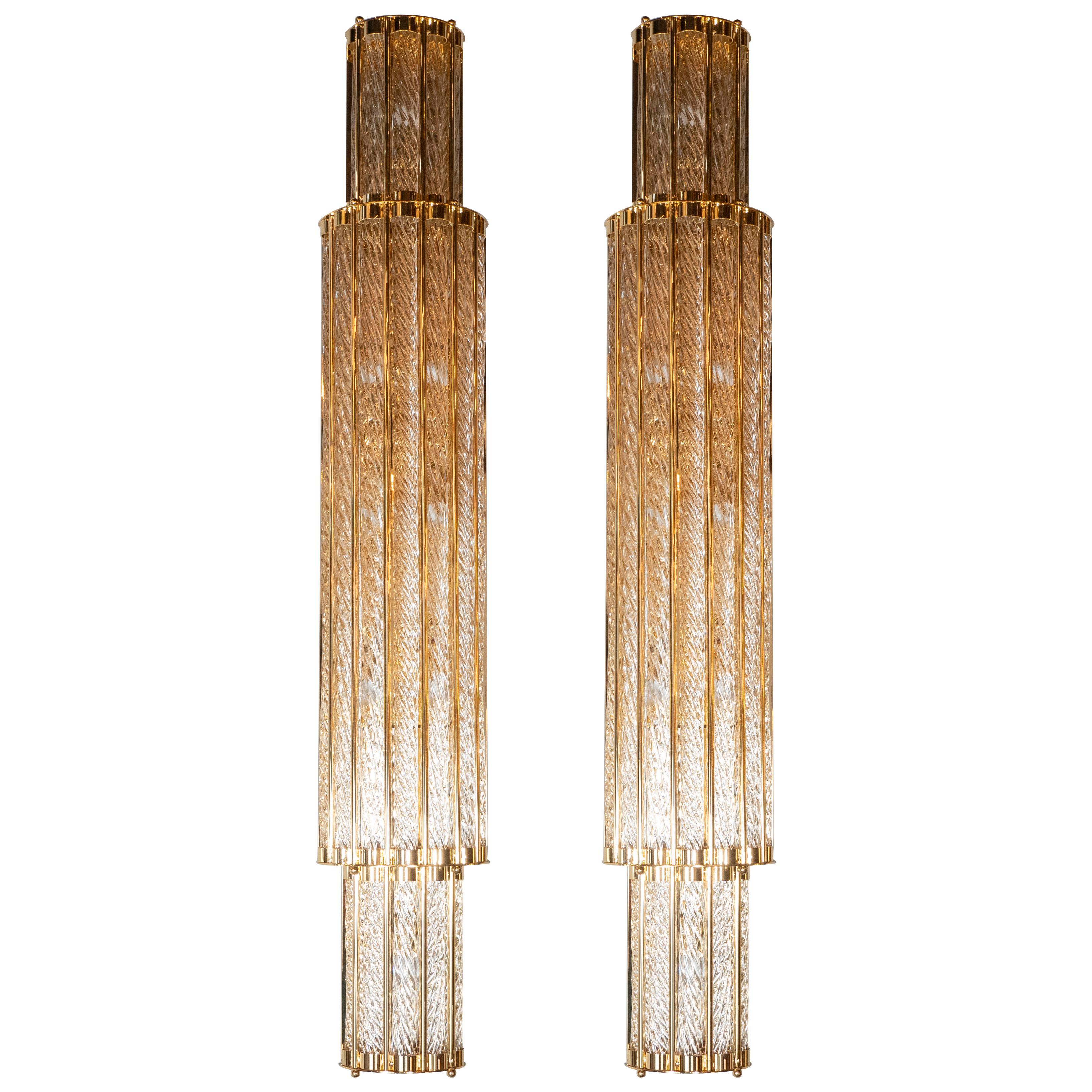 Modernist Handblown Murano Braided Translucent Glass Sconces in Polished Brass