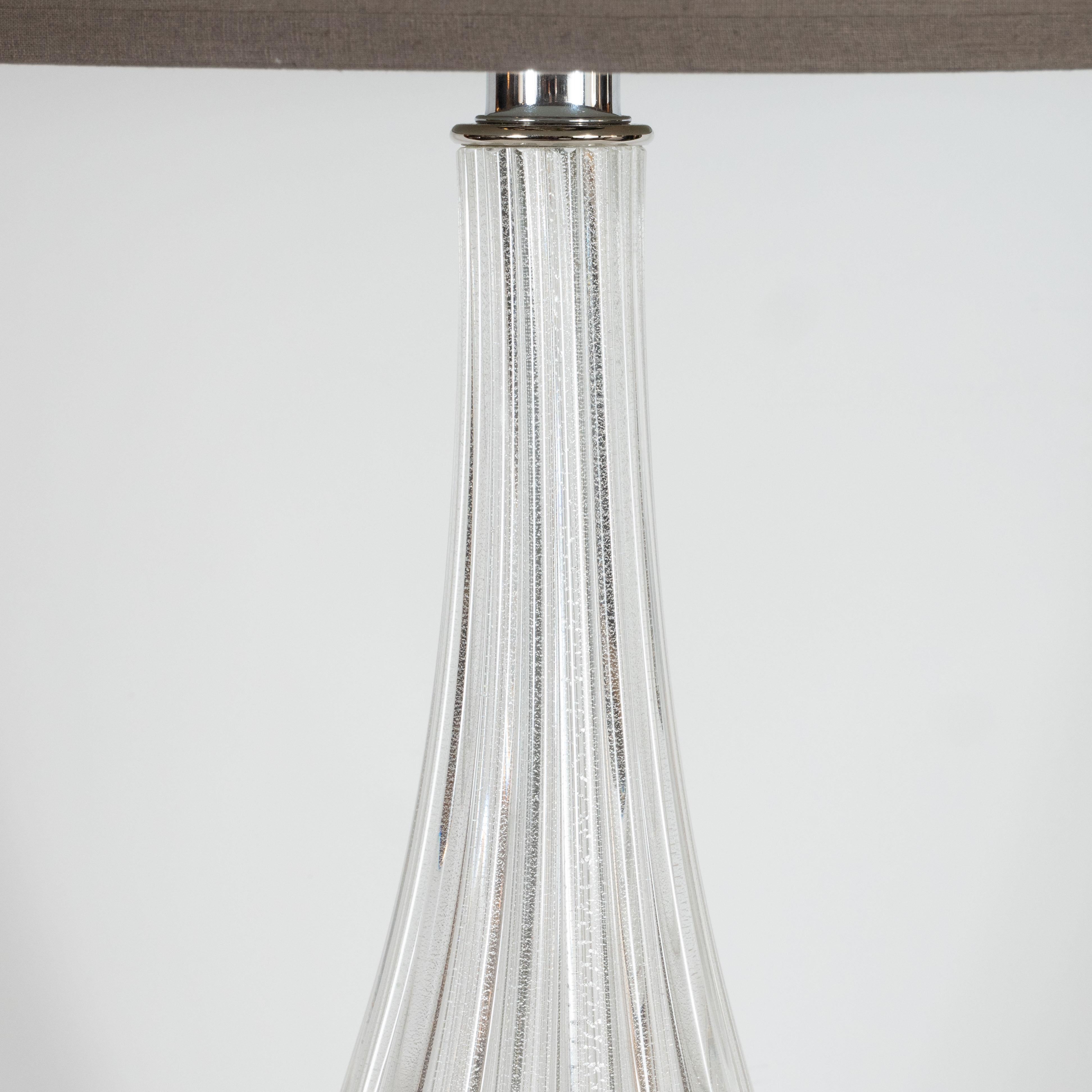 Italian Modernist Handblown Murano Clear Glass Table Lamps with 24kt White Gold Flecks For Sale