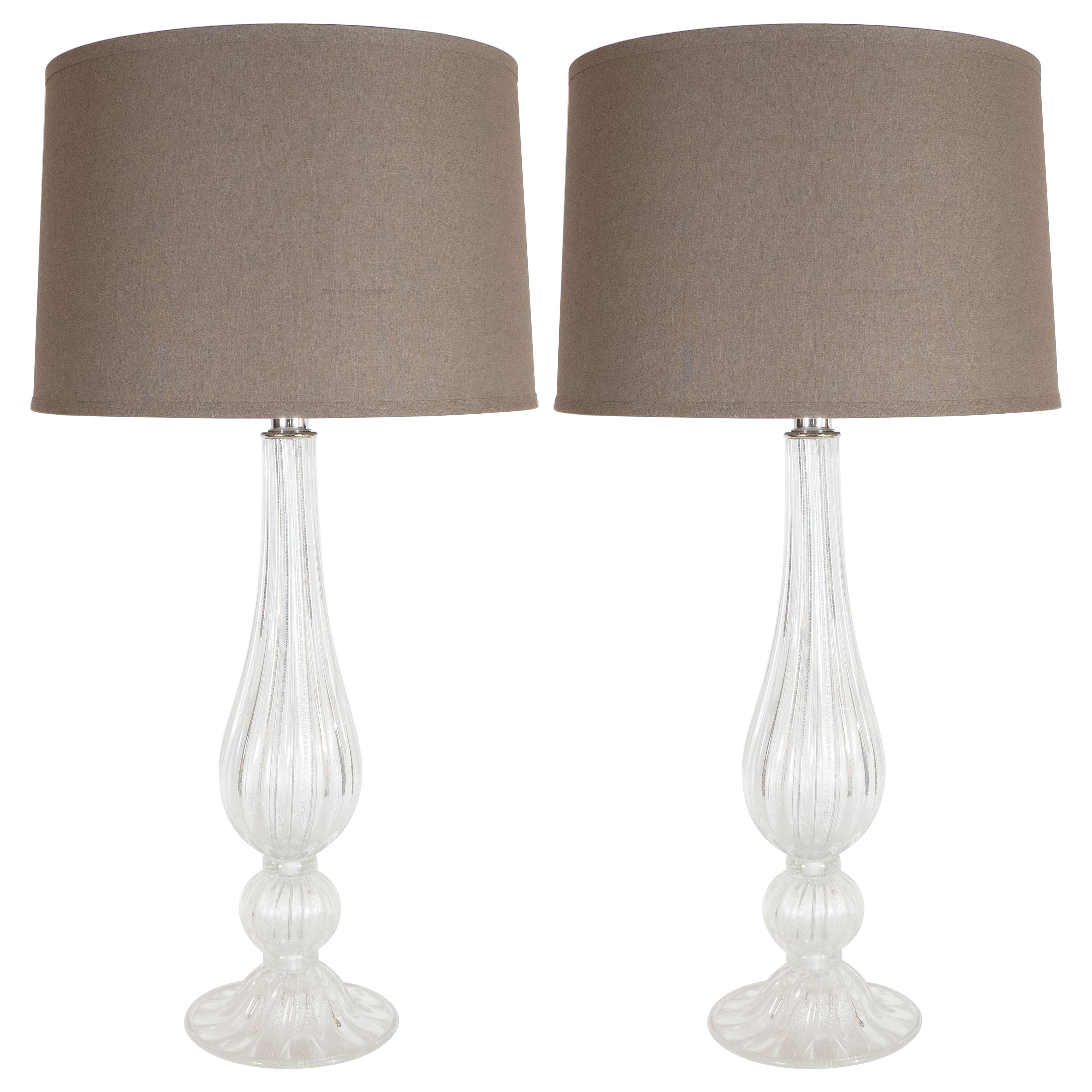 Modernist Handblown Murano Clear Glass Table Lamps with 24kt White Gold Flecks