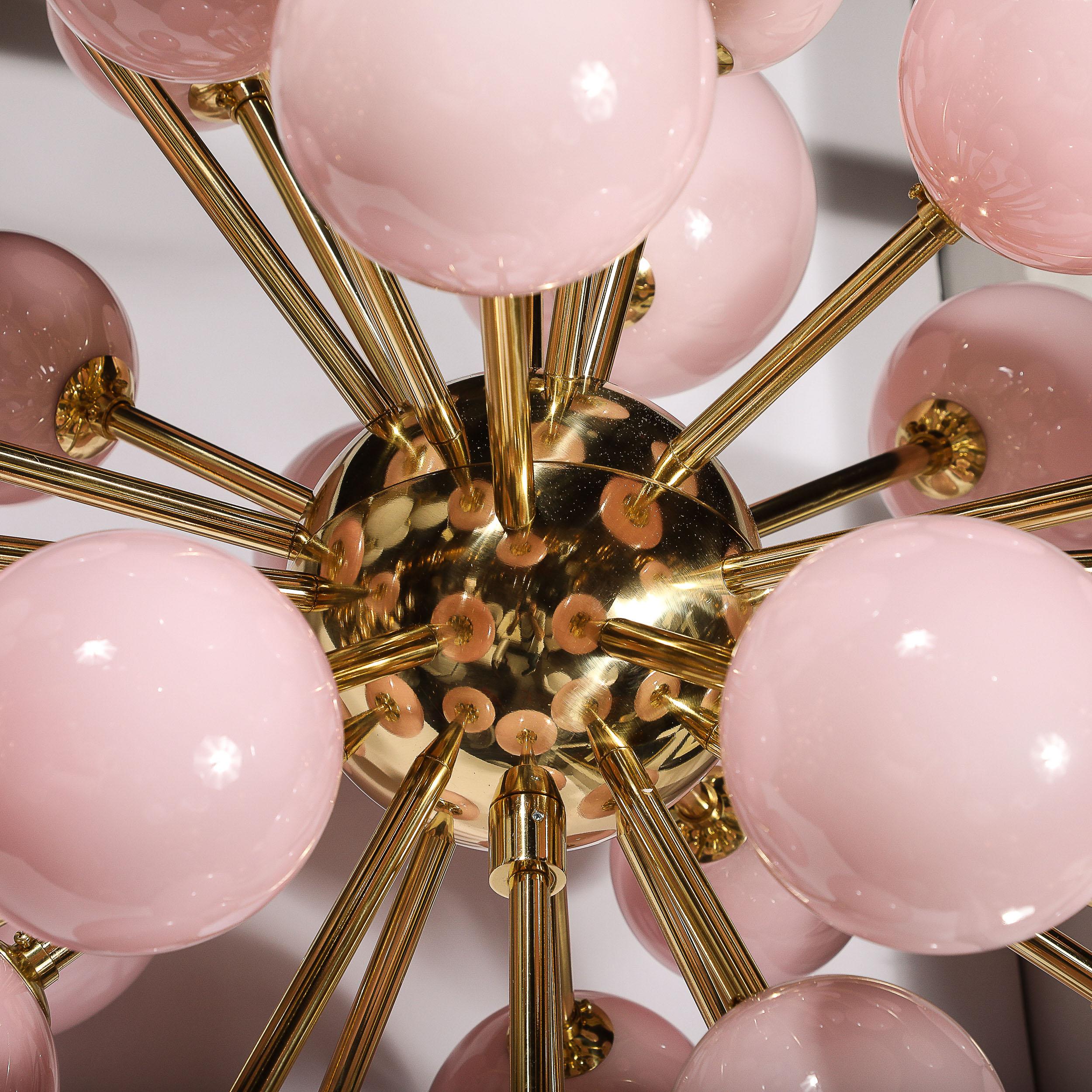 Contemporary Modernist Handblown Murano Frosted Pink Hue Glass & Brass Sputnik Chandelier For Sale