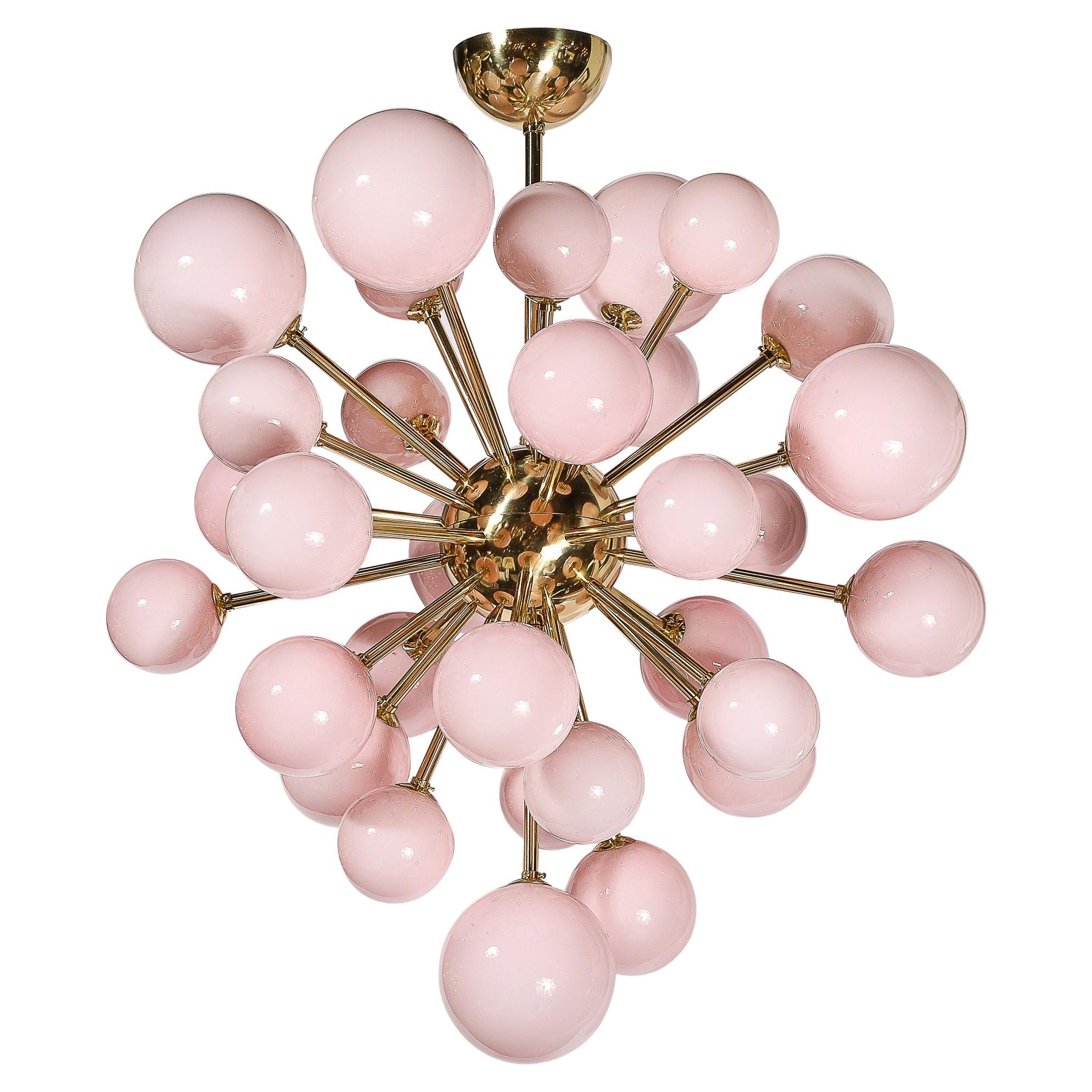 Modernist Handblown Murano Frosted Pink Hue Glass & Brass Sputnik Chandelier For Sale