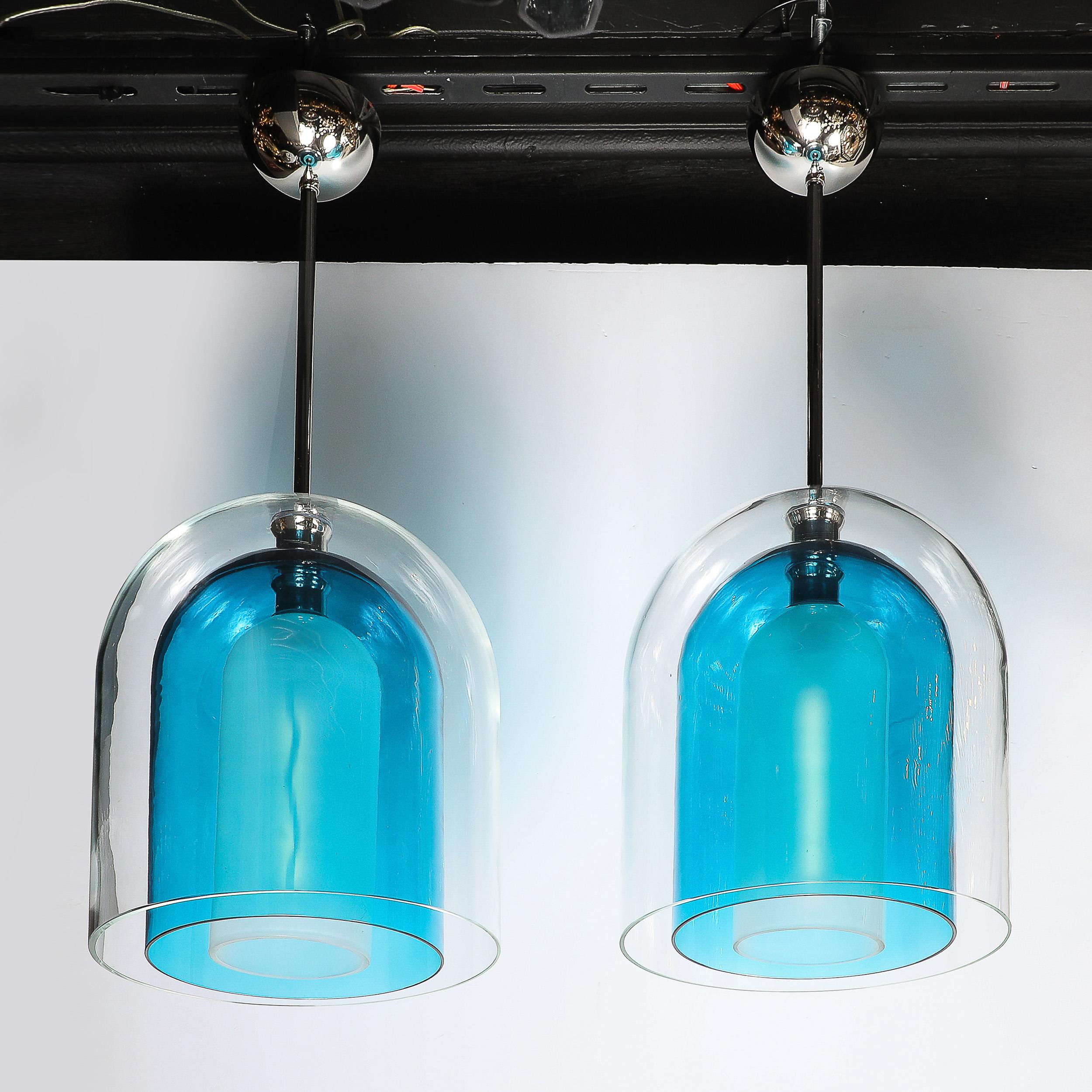 Lampadari a sospensione modernisti in vetro di Murano soffiato a mano a 3 livelli a forma di cupola blu misto in vendita 3