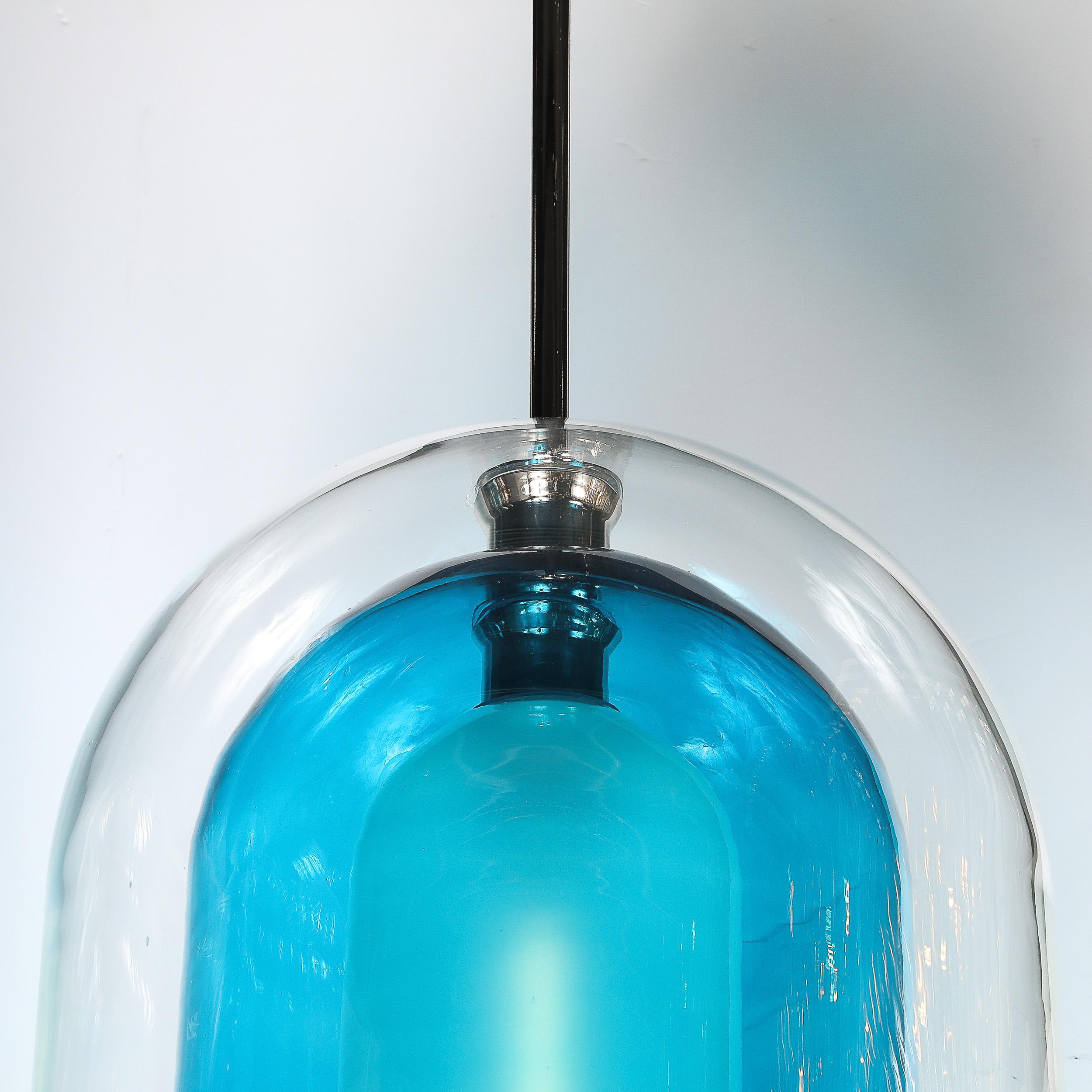 Lampadari a sospensione modernisti in vetro di Murano soffiato a mano a 3 livelli a forma di cupola blu misto in vendita 6