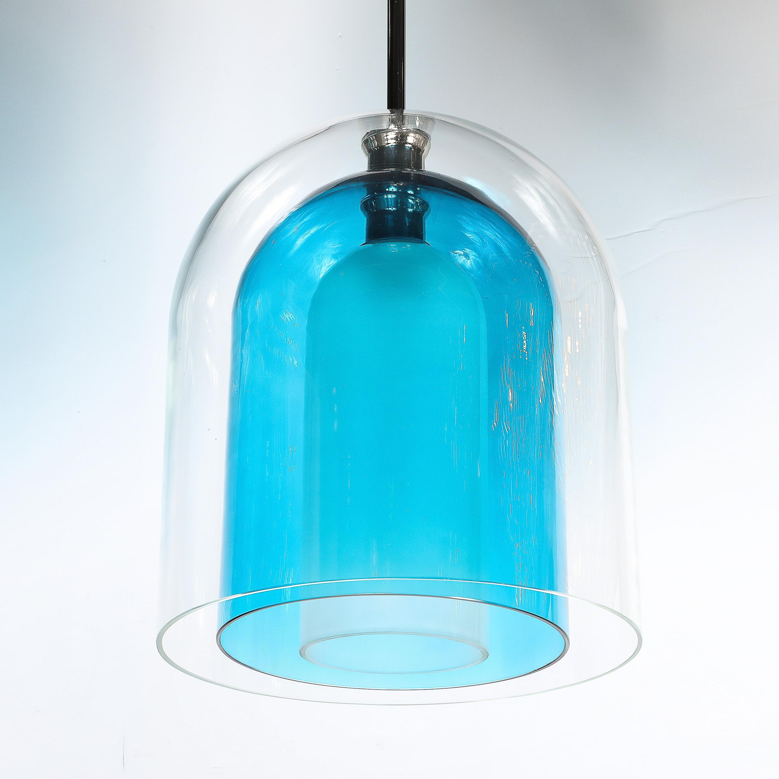 Lampadari a sospensione modernisti in vetro di Murano soffiato a mano a 3 livelli a forma di cupola blu misto in vendita 10
