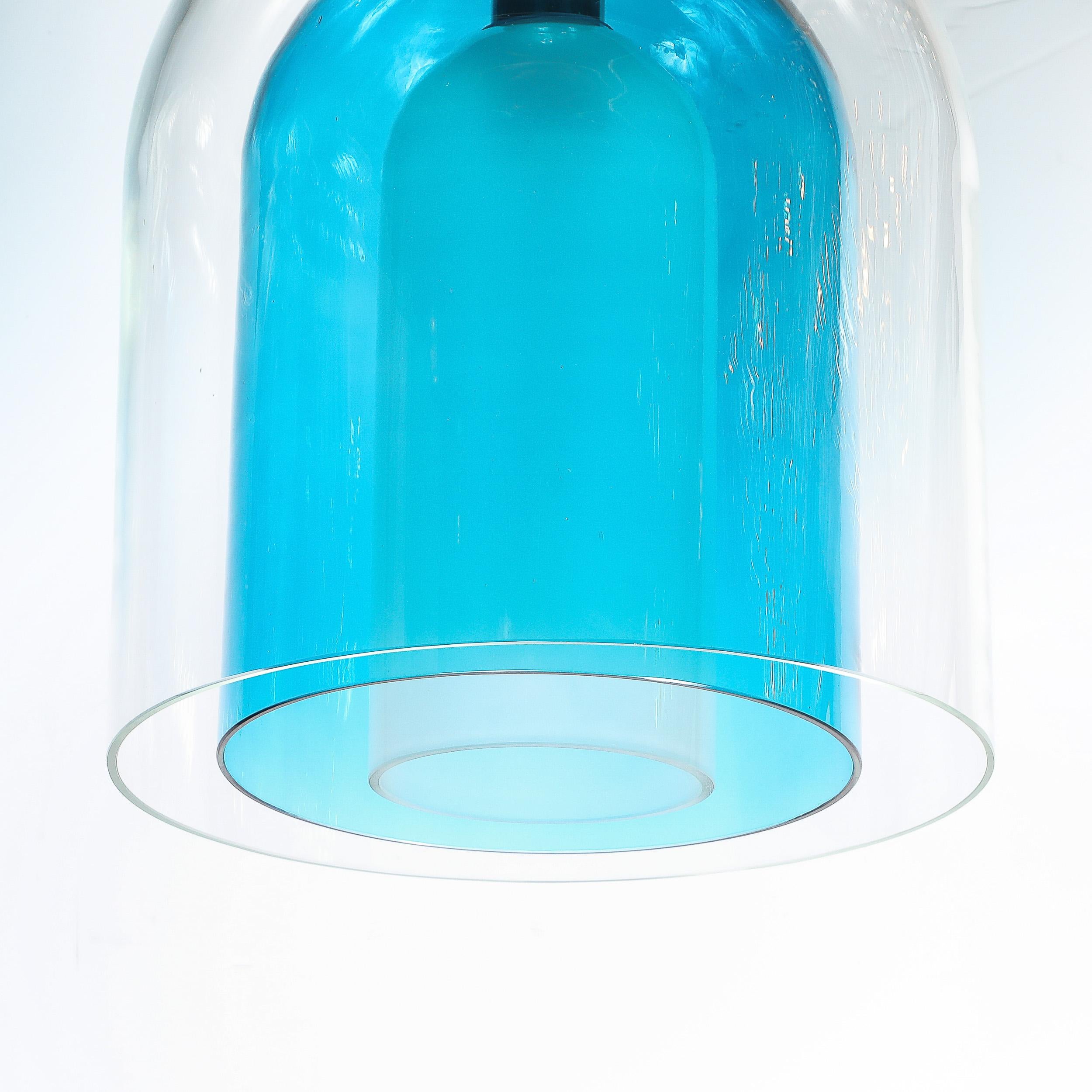 Lampadari a sospensione modernisti in vetro di Murano soffiato a mano a 3 livelli a forma di cupola blu misto in vendita 11
