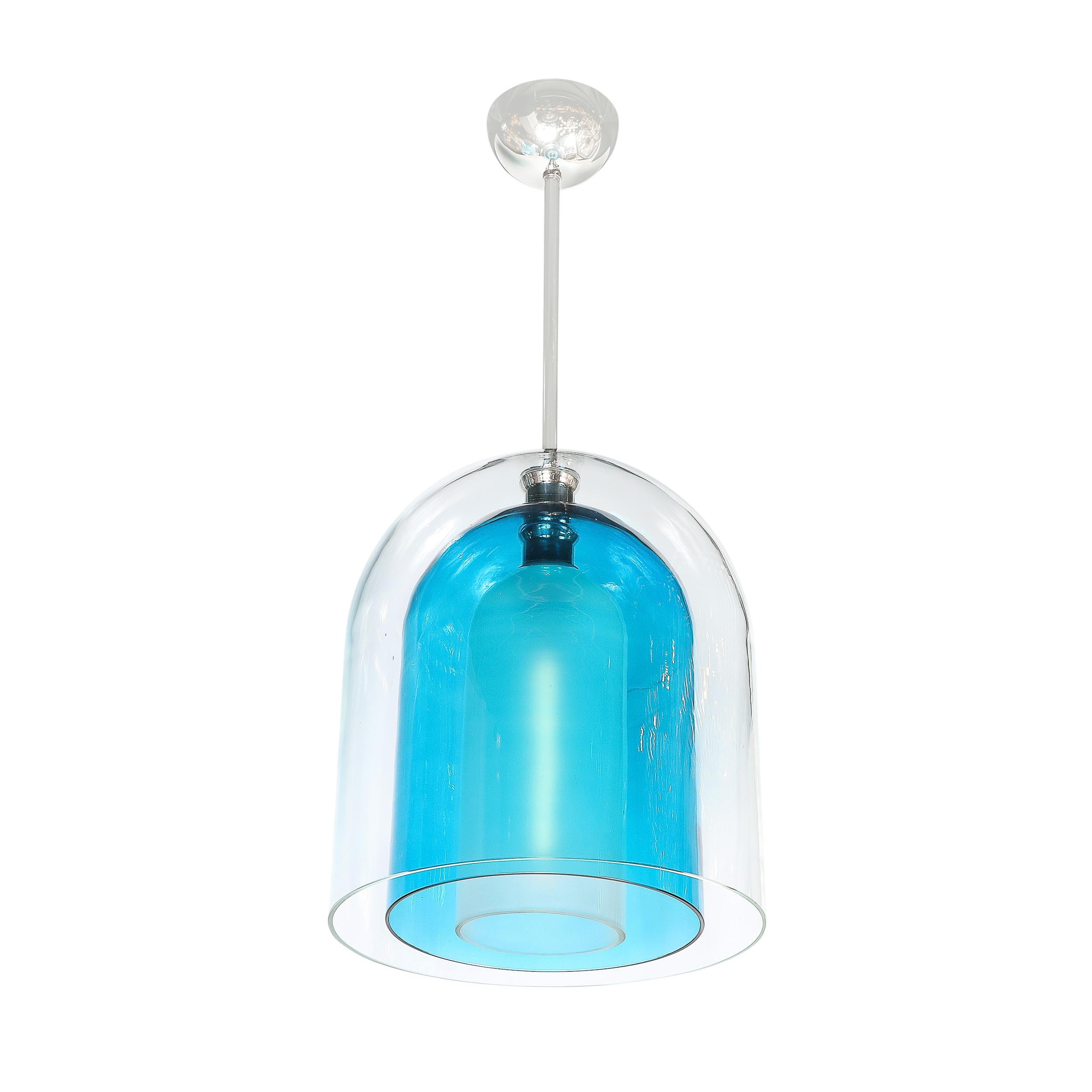 Moderno Lampadari a sospensione modernisti in vetro di Murano soffiato a mano a 3 livelli a forma di cupola blu misto in vendita