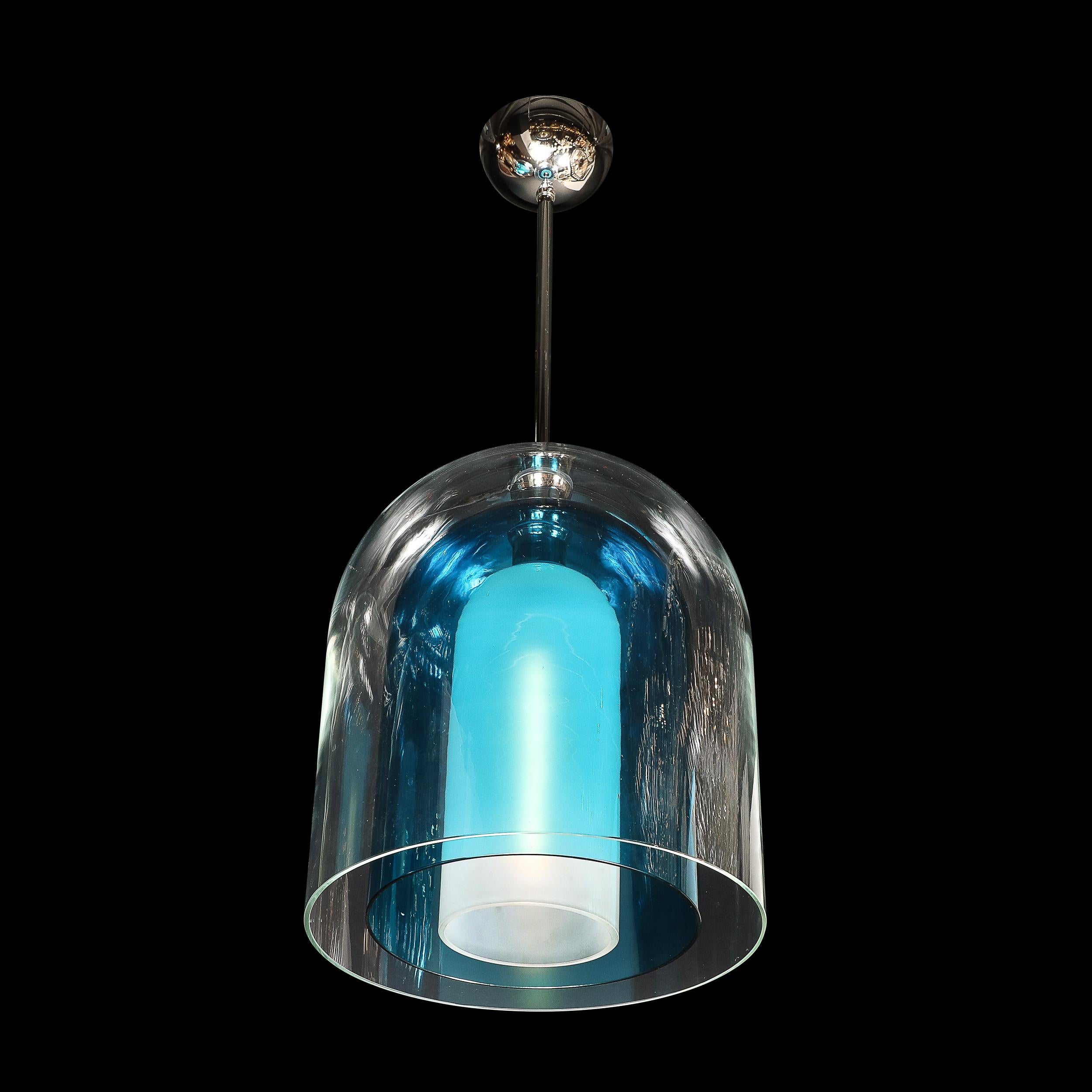 Italiano Lampadari a sospensione modernisti in vetro di Murano soffiato a mano a 3 livelli a forma di cupola blu misto in vendita