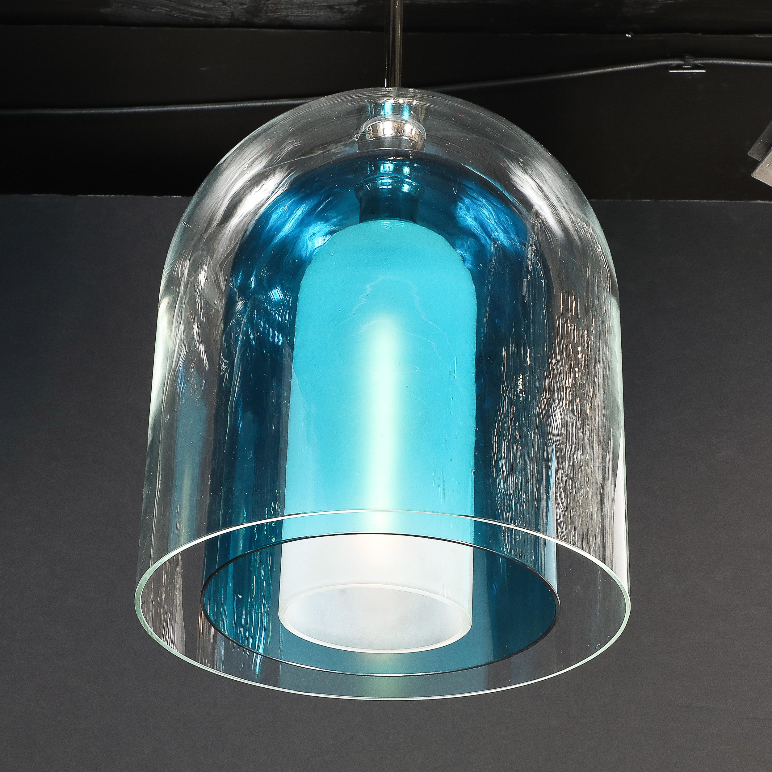 Vetro di Murano Lampadari a sospensione modernisti in vetro di Murano soffiato a mano a 3 livelli a forma di cupola blu misto in vendita
