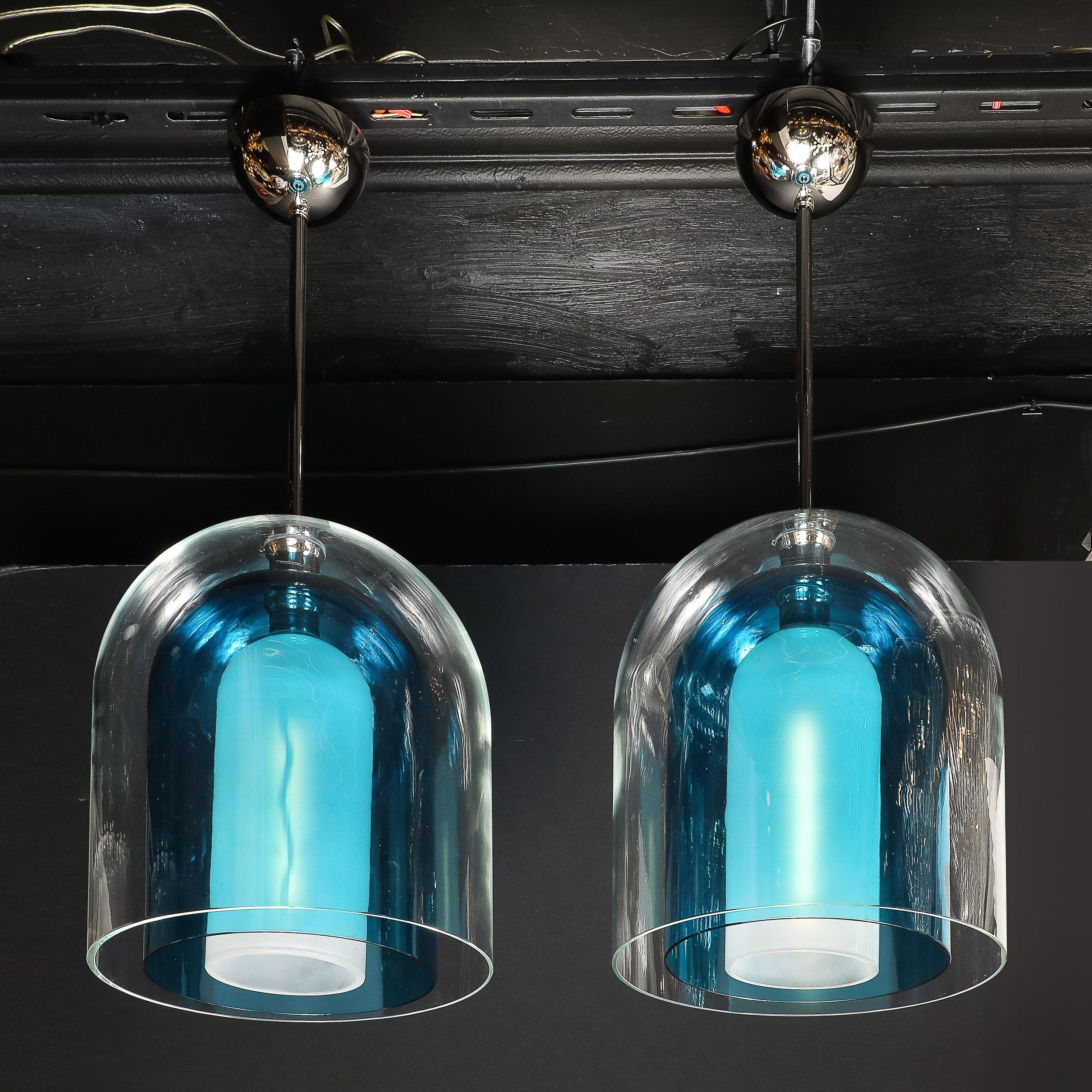 Lampadari a sospensione modernisti in vetro di Murano soffiato a mano a 3 livelli a forma di cupola blu misto in vendita 1