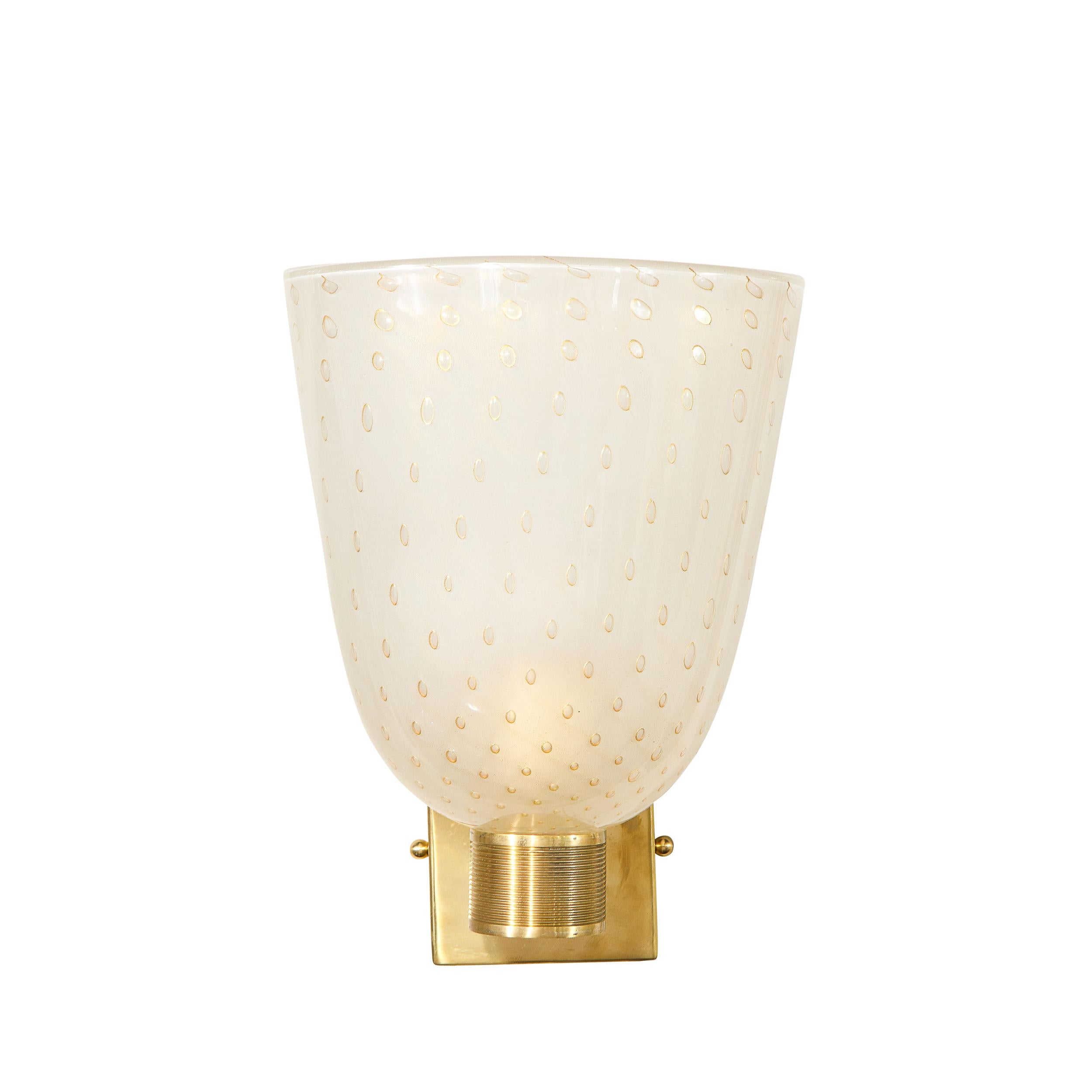 Modernist Handblown Murano Glass and 24kt Gold Sconces with Reeded Brass Arms For Sale 6