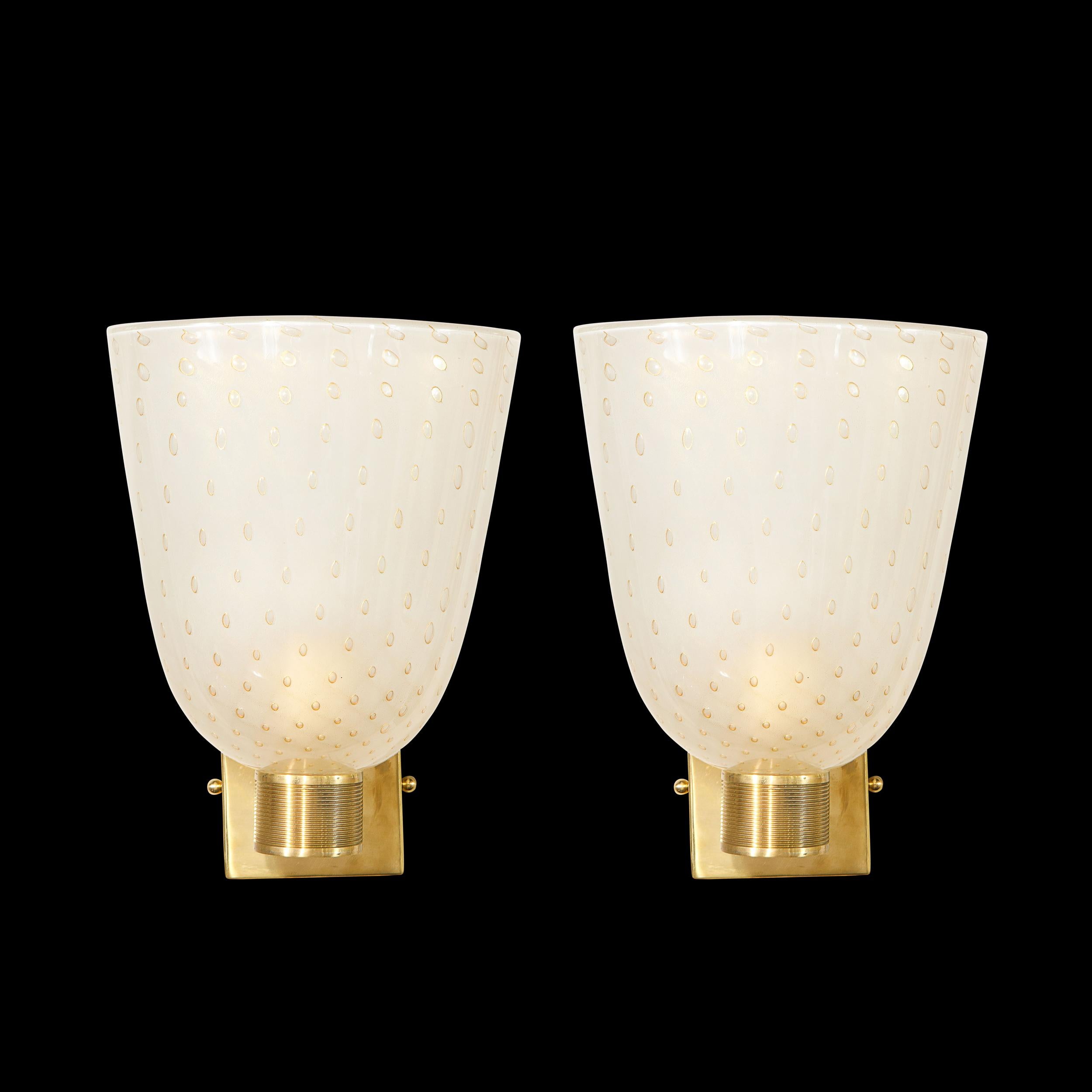 Modernist Handblown Murano Glass and 24kt Gold Sconces with Reeded Brass Arms 7
