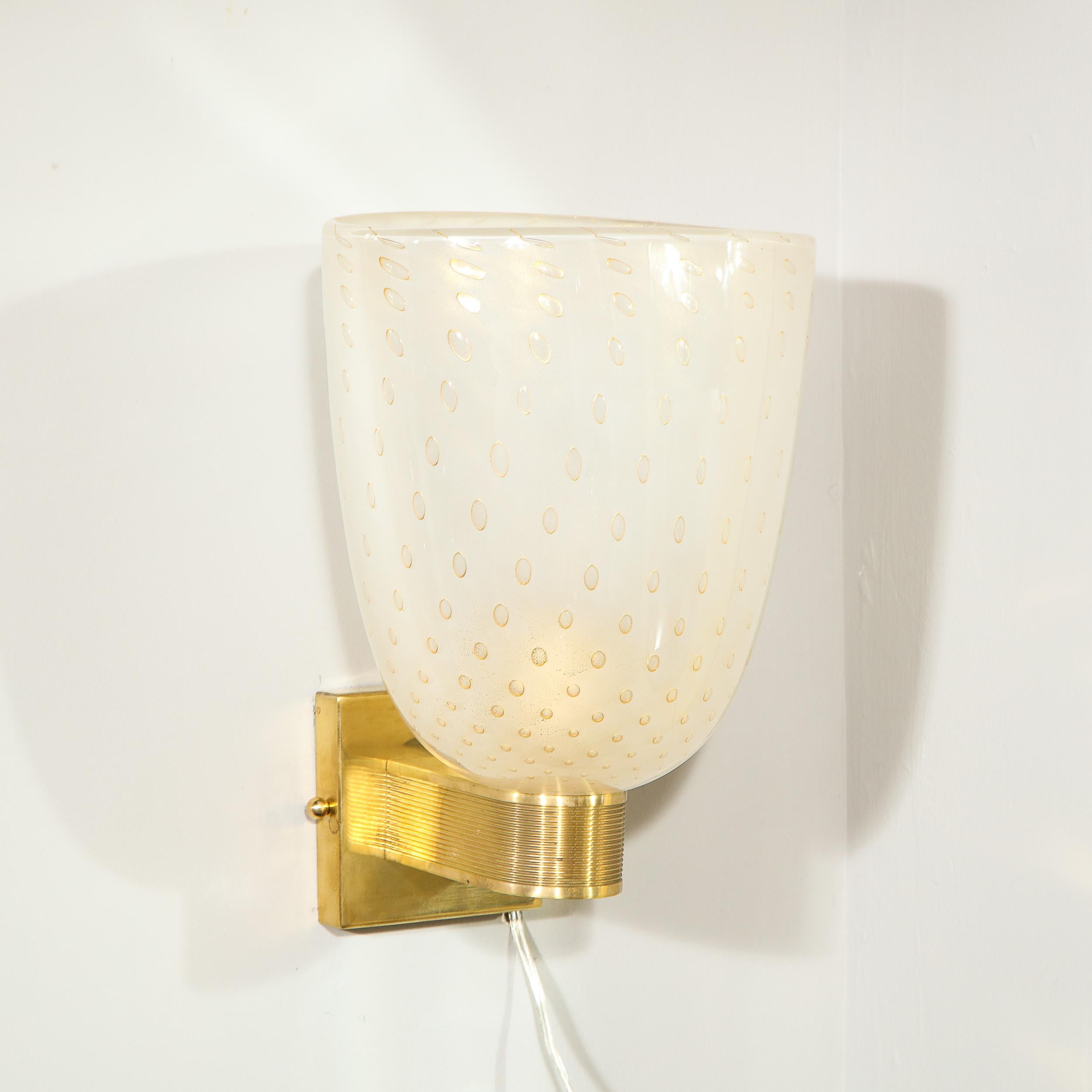 Modernist Handblown Murano Glass and 24kt Gold Sconces with Reeded Brass Arms 8