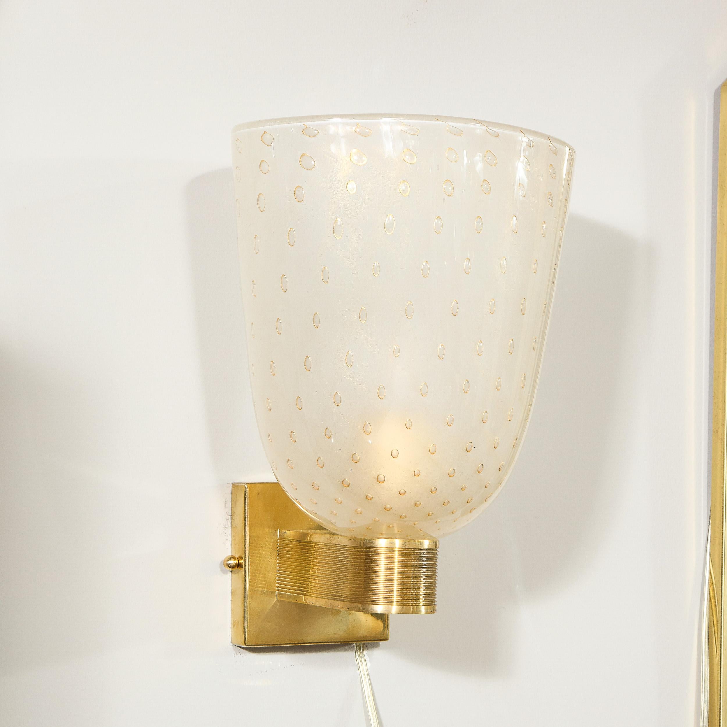 Modernist Handblown Murano Glass and 24kt Gold Sconces with Reeded Brass Arms 9