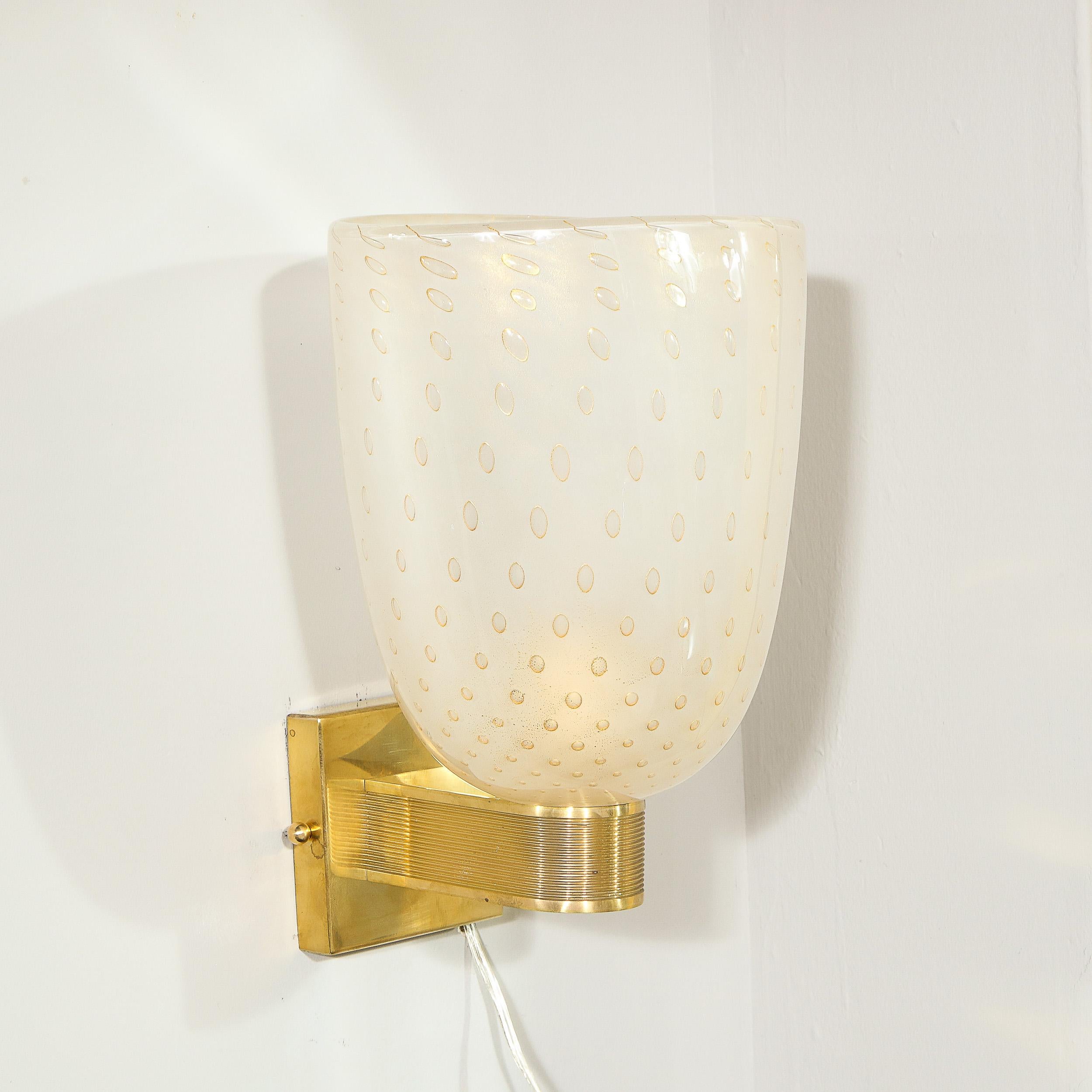 Modernist Handblown Murano Glass and 24kt Gold Sconces with Reeded Brass Arms 10