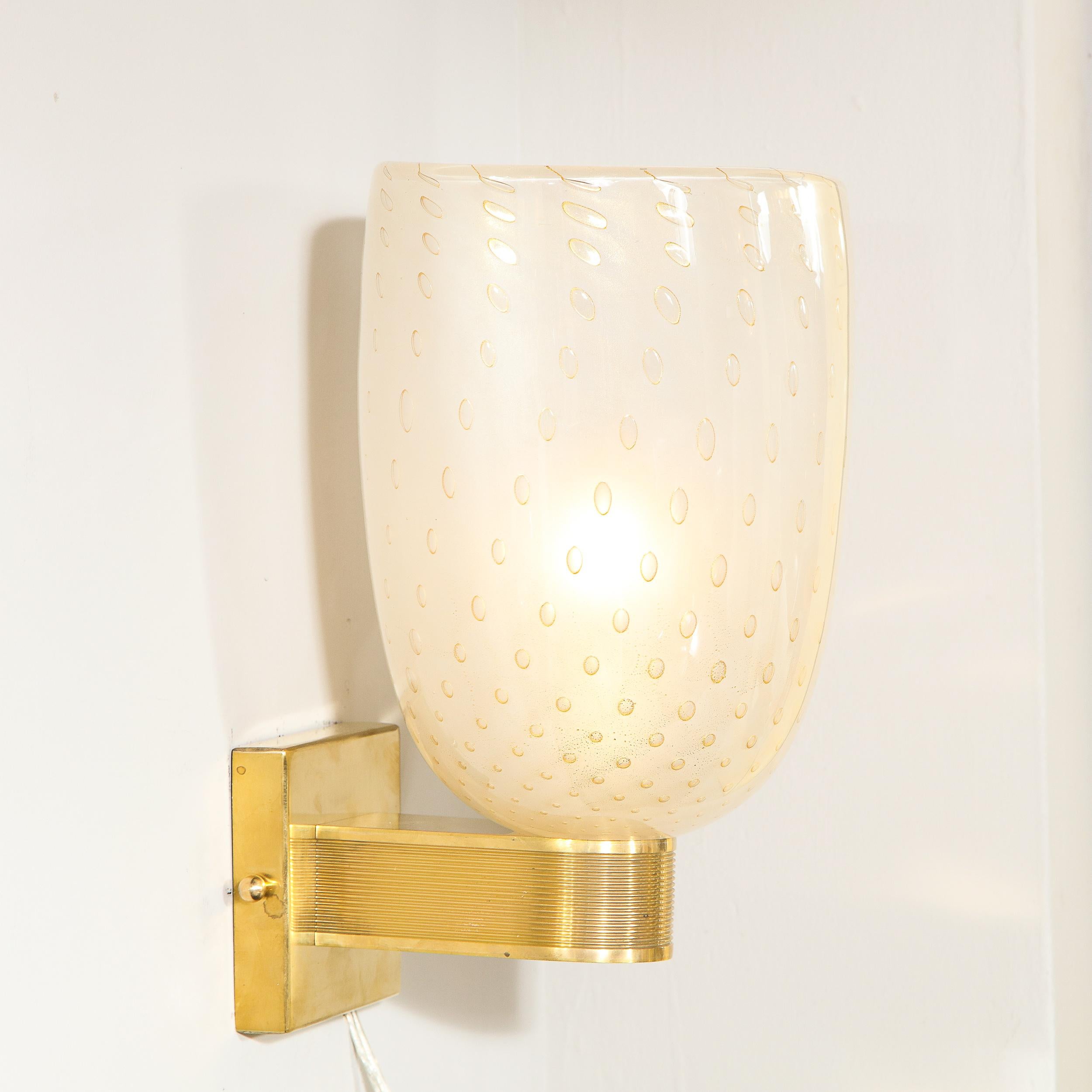 Italian Modernist Handblown Murano Glass and 24kt Gold Sconces with Reeded Brass Arms For Sale