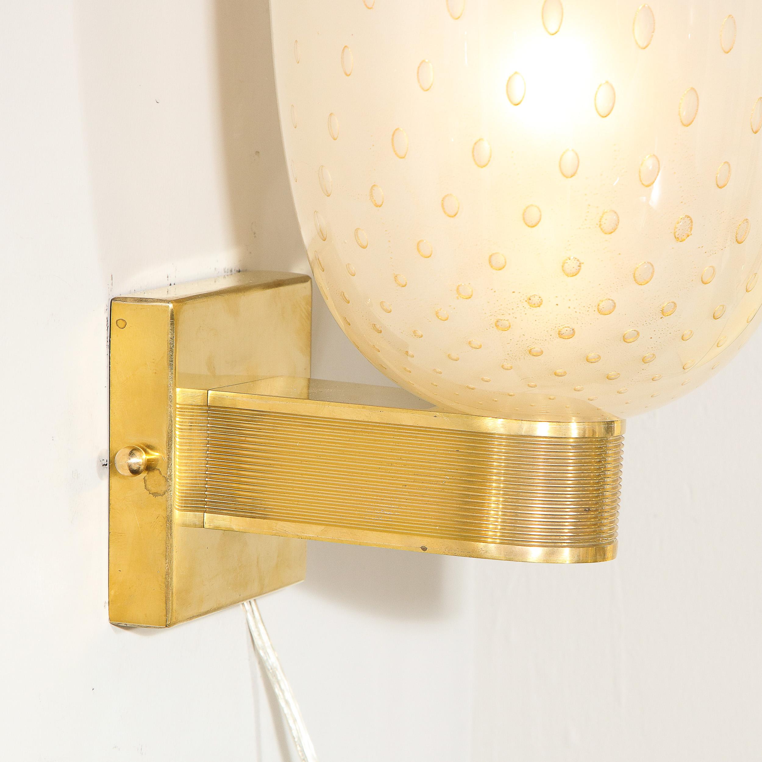 Modernist Handblown Murano Glass and 24kt Gold Sconces with Reeded Brass Arms In New Condition In New York, NY