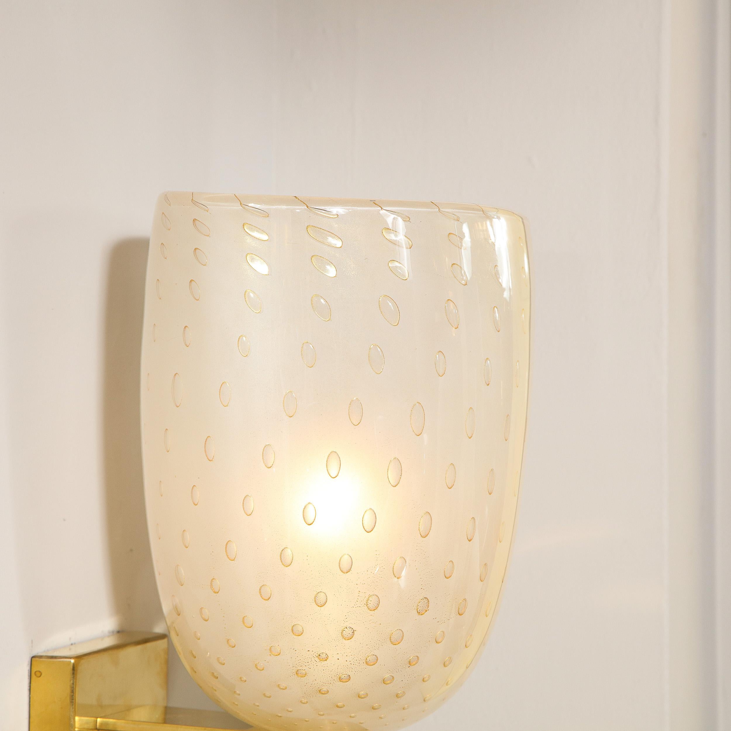 Contemporary Modernist Handblown Murano Glass and 24kt Gold Sconces with Reeded Brass Arms