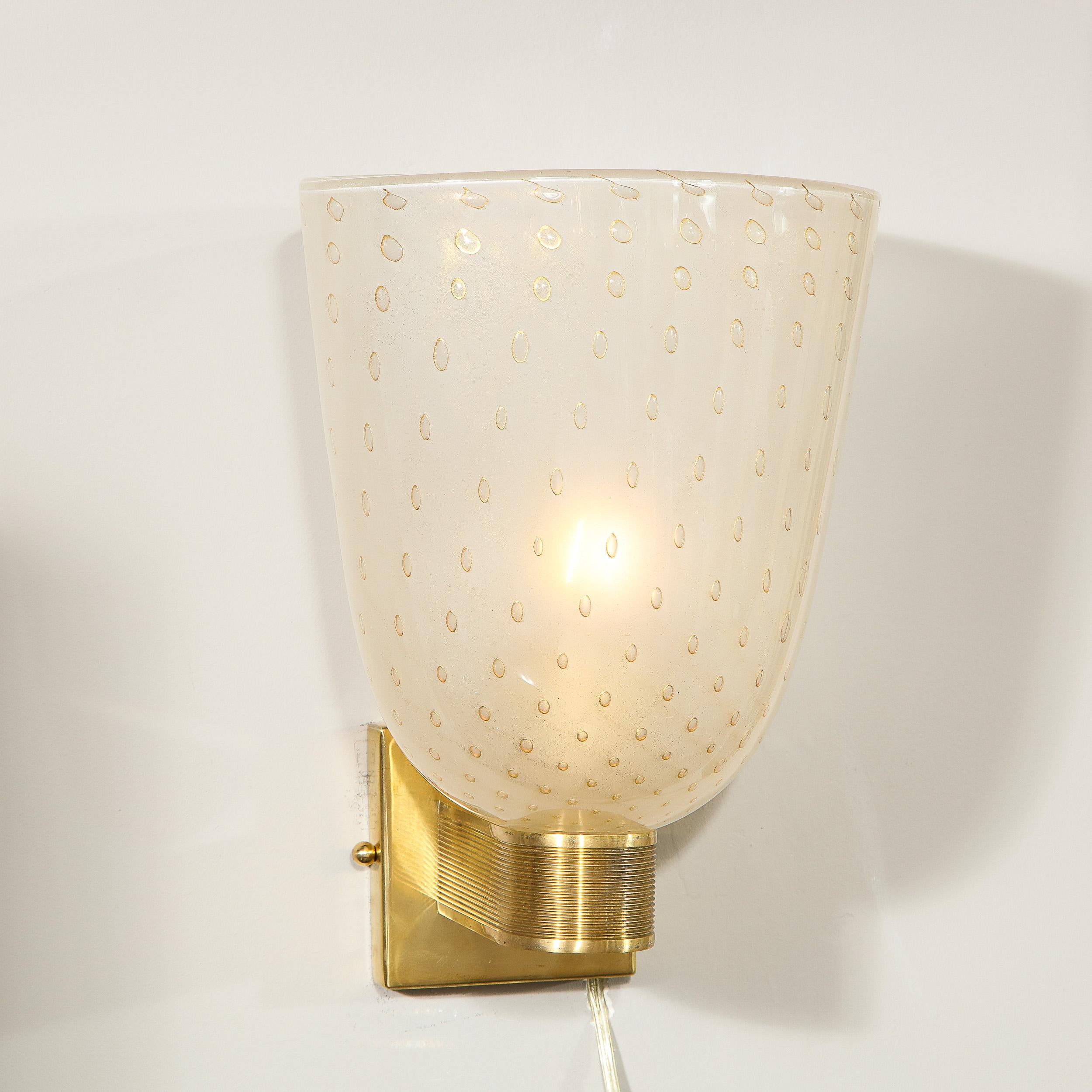 Modernist Handblown Murano Glass and 24kt Gold Sconces with Reeded Brass Arms 2