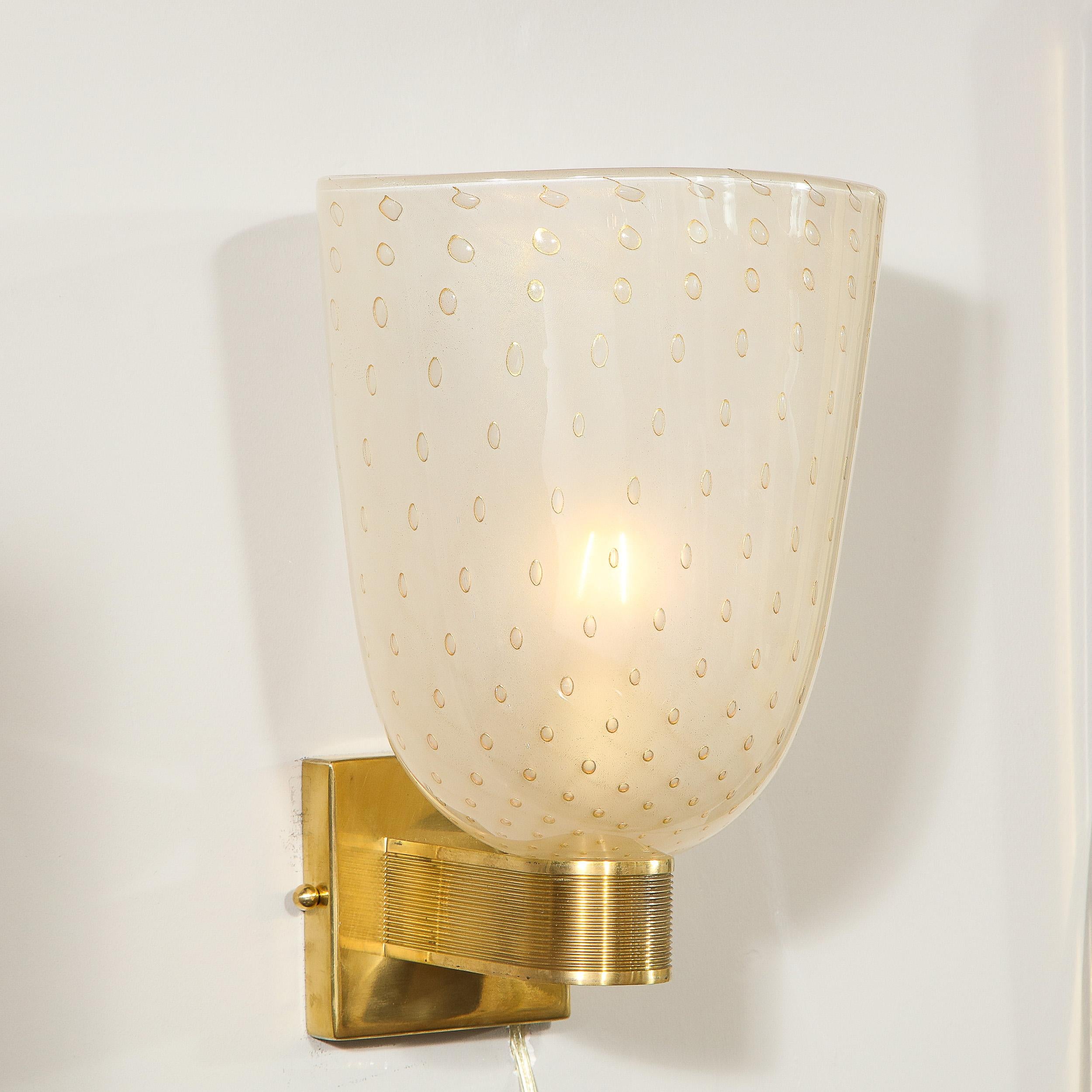 Modernist Handblown Murano Glass and 24kt Gold Sconces with Reeded Brass Arms For Sale 3