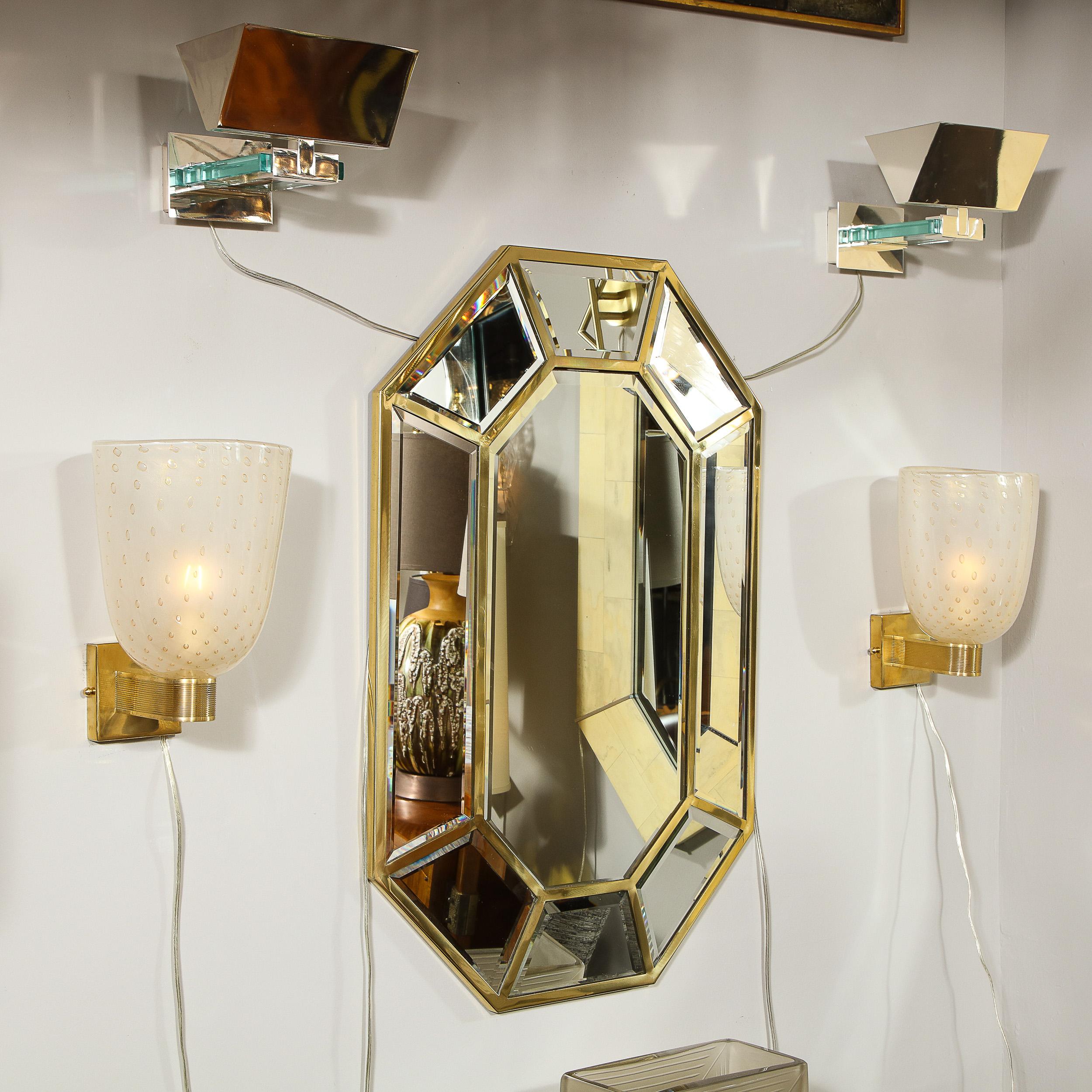 Modernist Handblown Murano Glass and 24kt Gold Sconces with Reeded Brass Arms 4