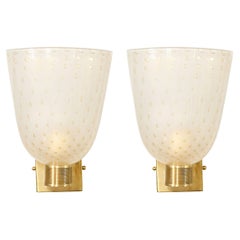 Modernist Handblown Murano Glass and 24kt Gold Sconces with Reeded Brass Arms