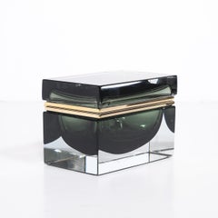 Modernist Handblown Murano Glass Box in Olive  Green w/ Polished Brass Fittings