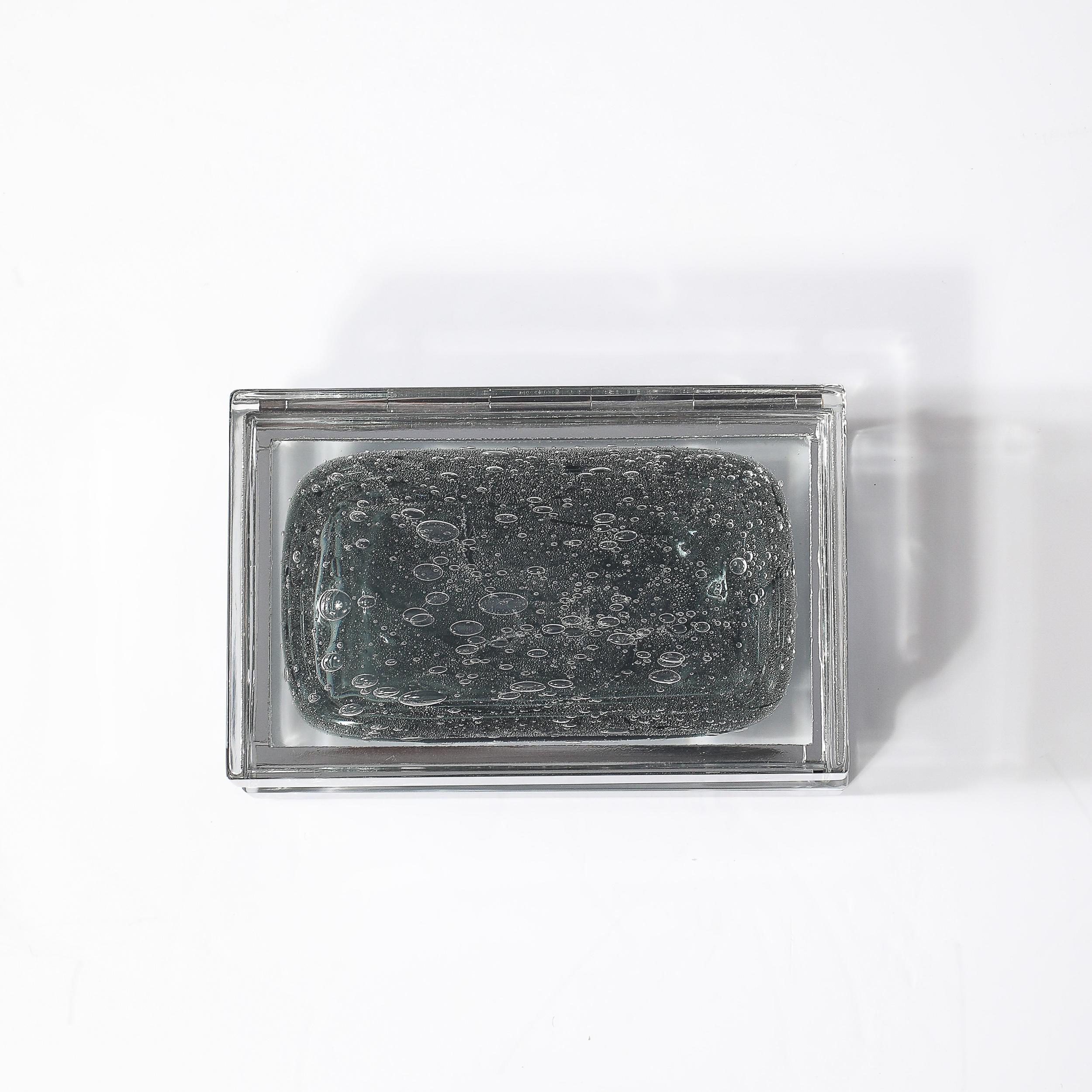 Modernist Handblown Murano Glass Box in Sage Grey W/ Pulegoso Detailing & Nickel For Sale 6