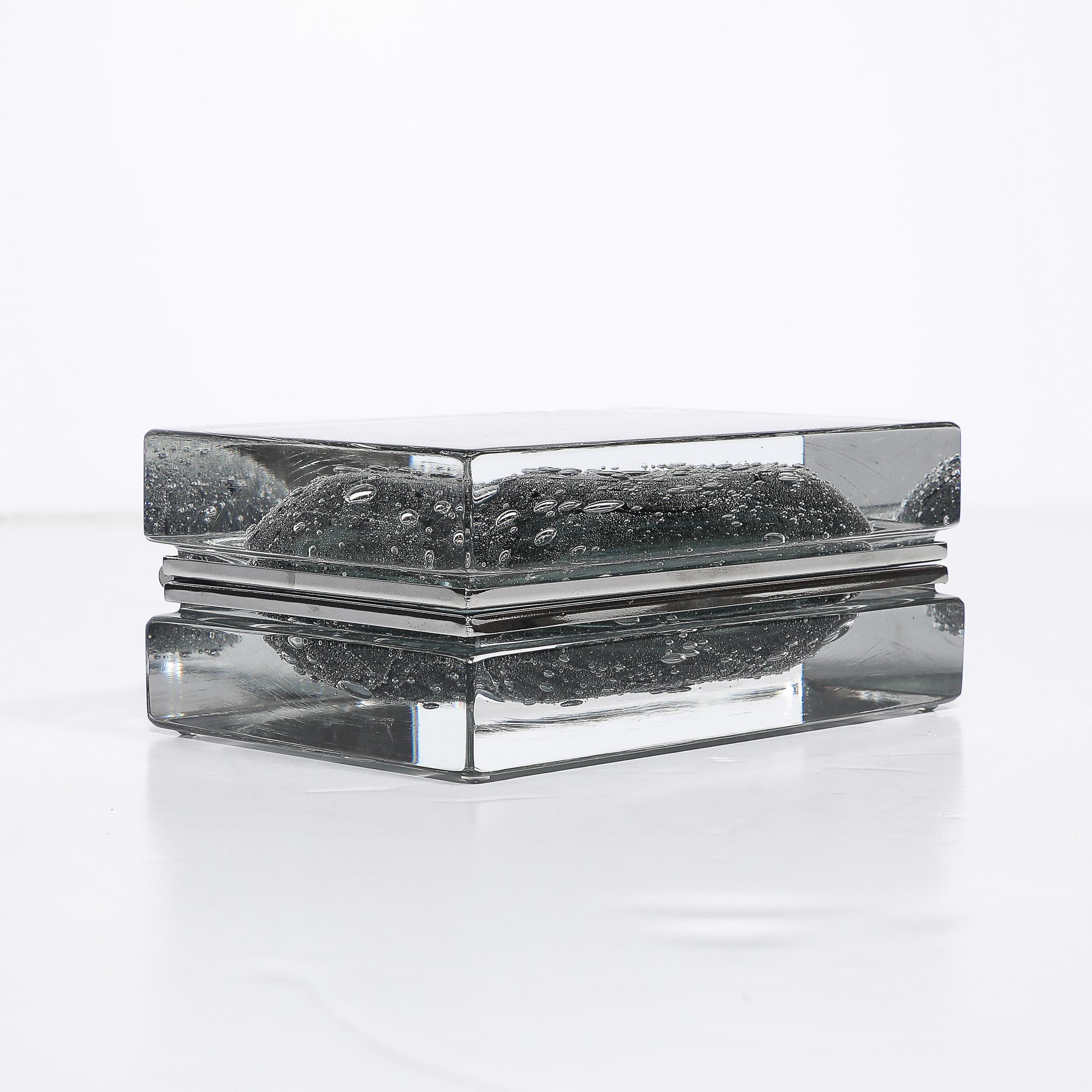 Italian Modernist Handblown Murano Glass Box in Sage Grey W/ Pulegoso Detailing & Nickel For Sale