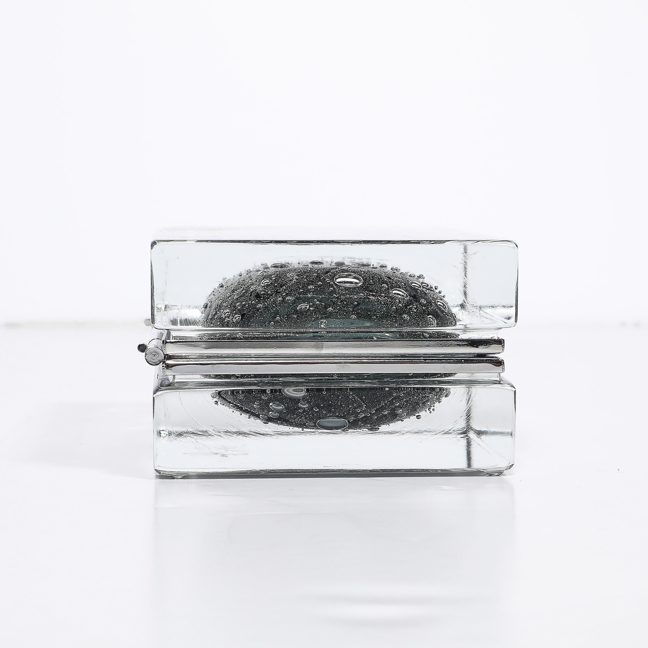 Modernist Handblown Murano Glass Box in Sage Grey W/ Pulegoso Detailing & Nickel In New Condition For Sale In New York, NY