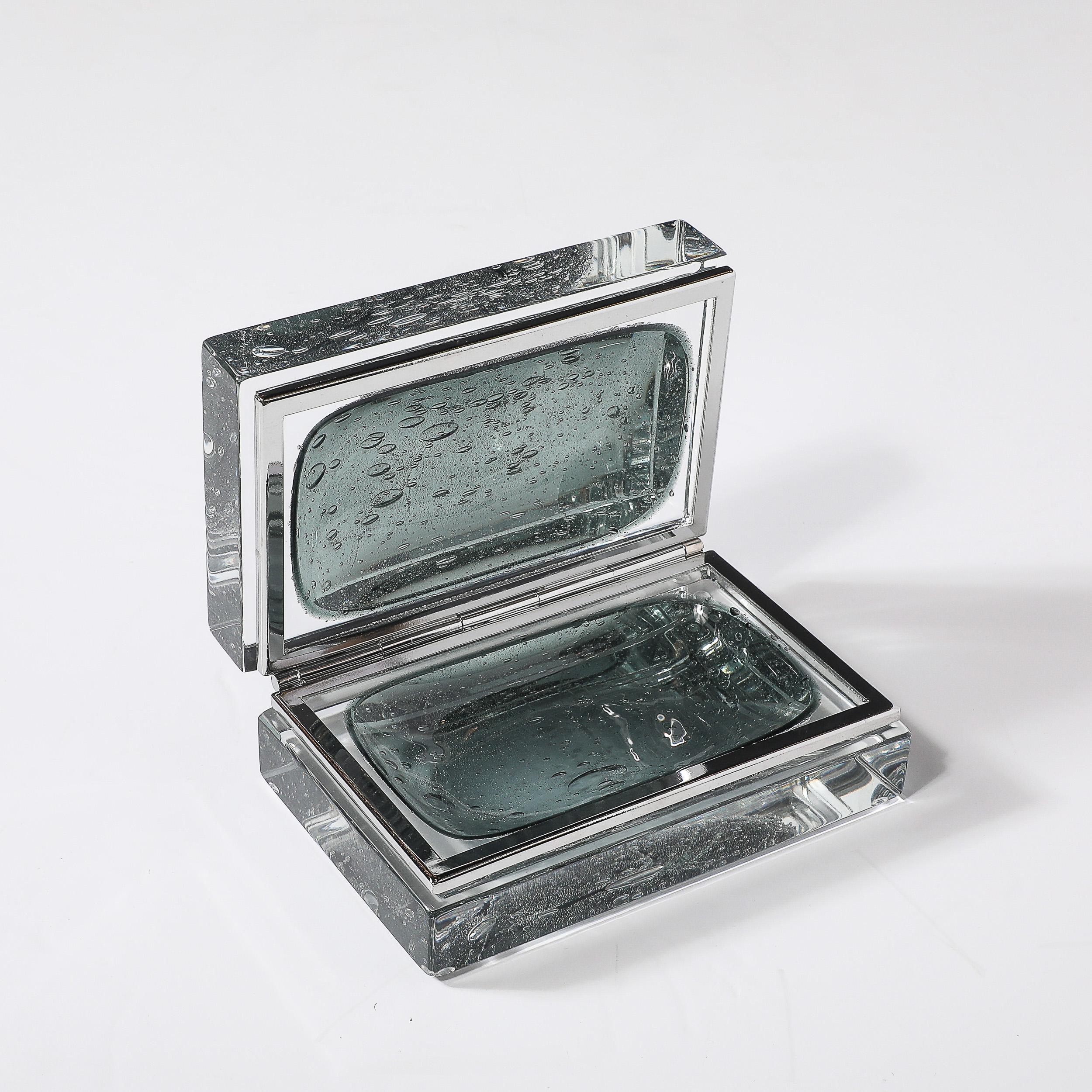 Contemporary Modernist Handblown Murano Glass Box in Sage Grey W/ Pulegoso Detailing & Nickel For Sale