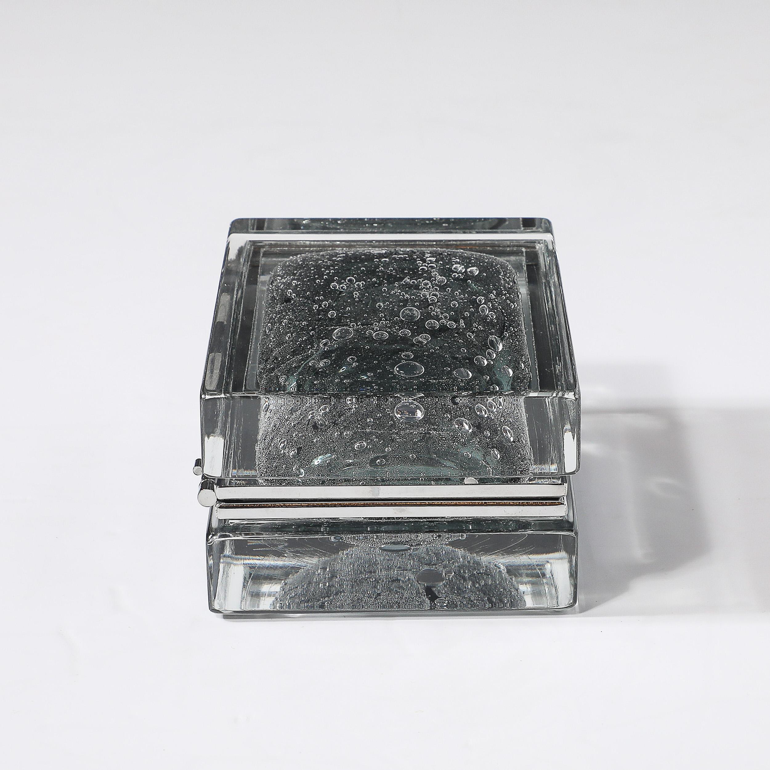 Modernist Handblown Murano Glass Box in Sage Grey W/ Pulegoso Detailing & Nickel For Sale 1