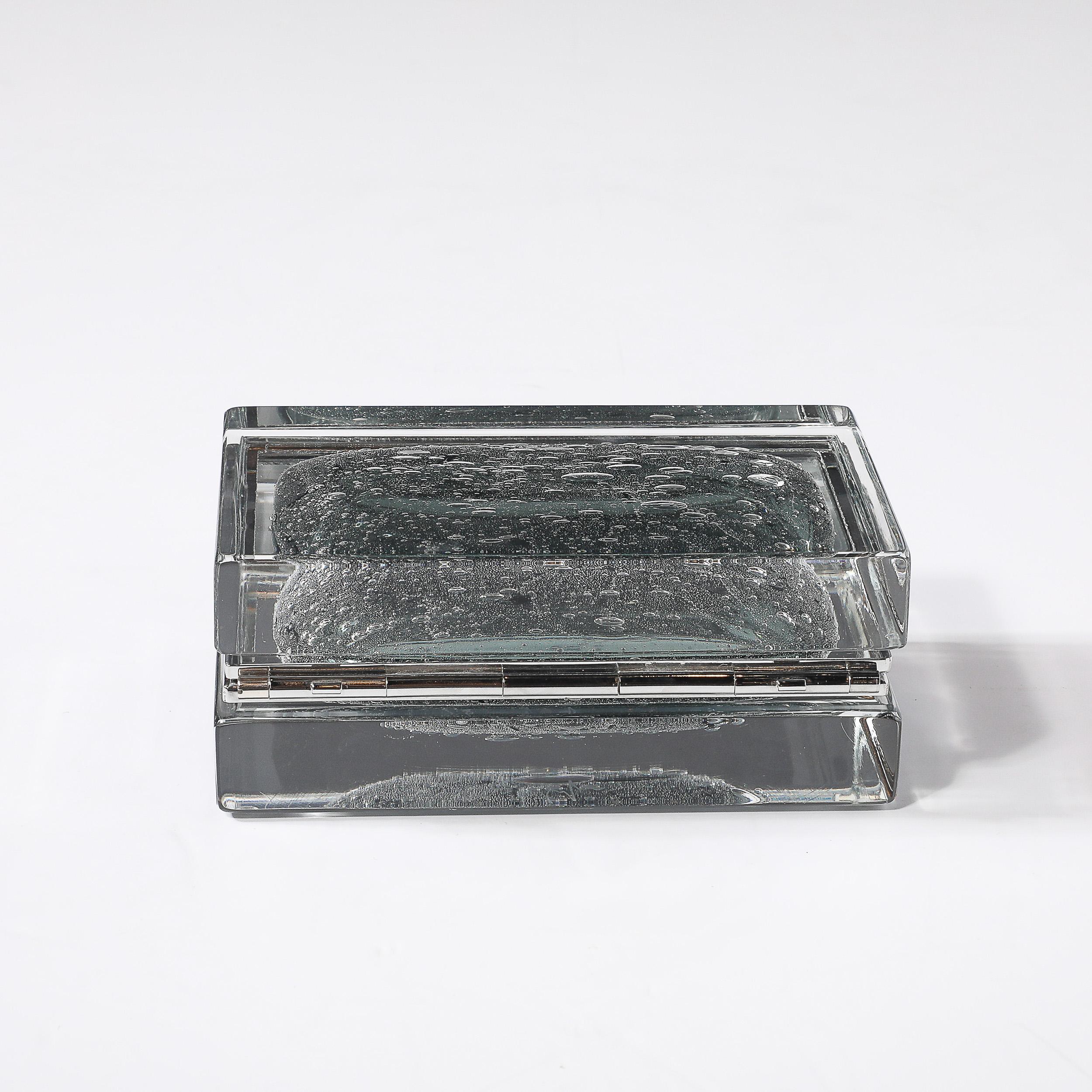 Modernist Handblown Murano Glass Box in Sage Grey W/ Pulegoso Detailing & Nickel For Sale 2