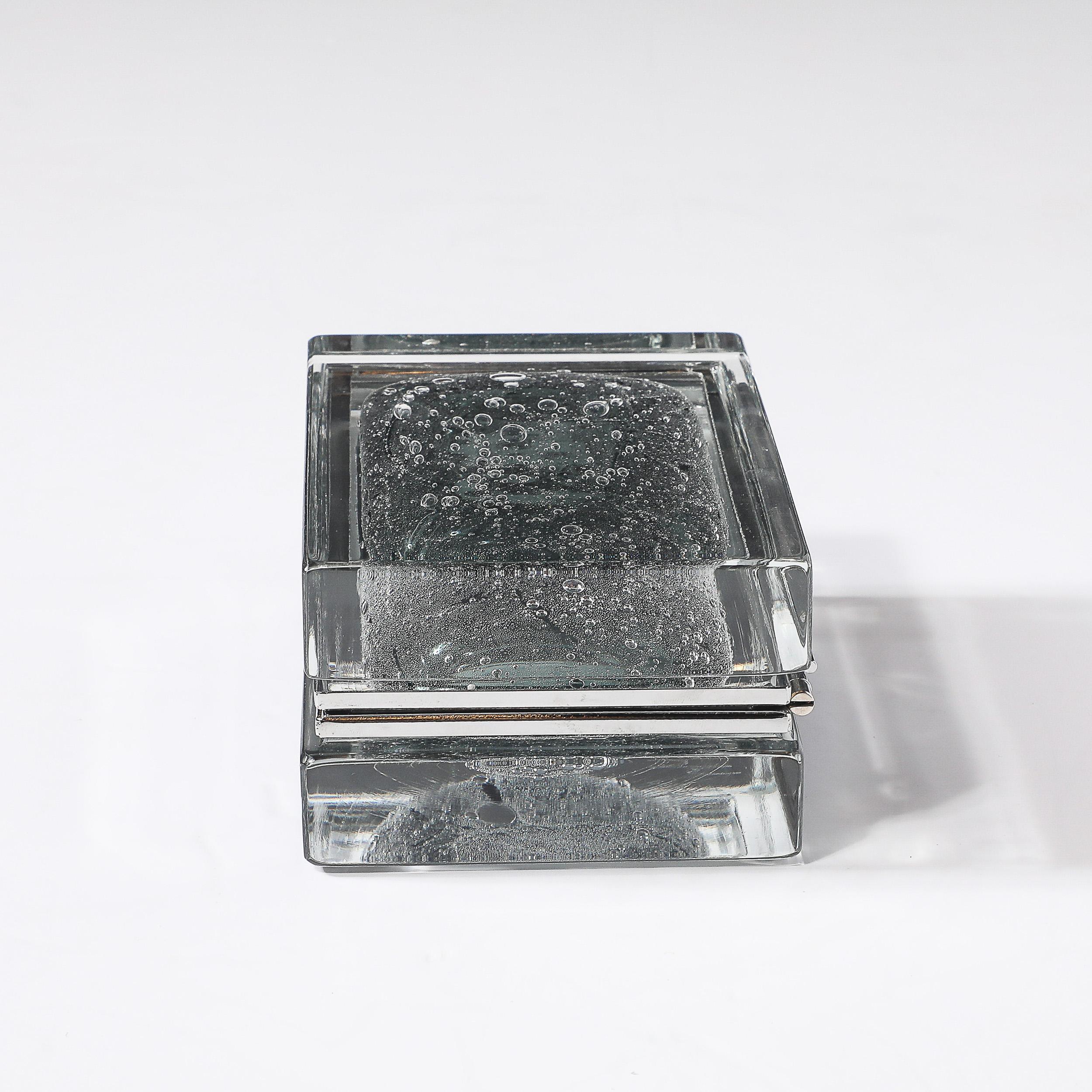 Modernist Handblown Murano Glass Box in Sage Grey W/ Pulegoso Detailing & Nickel For Sale 3