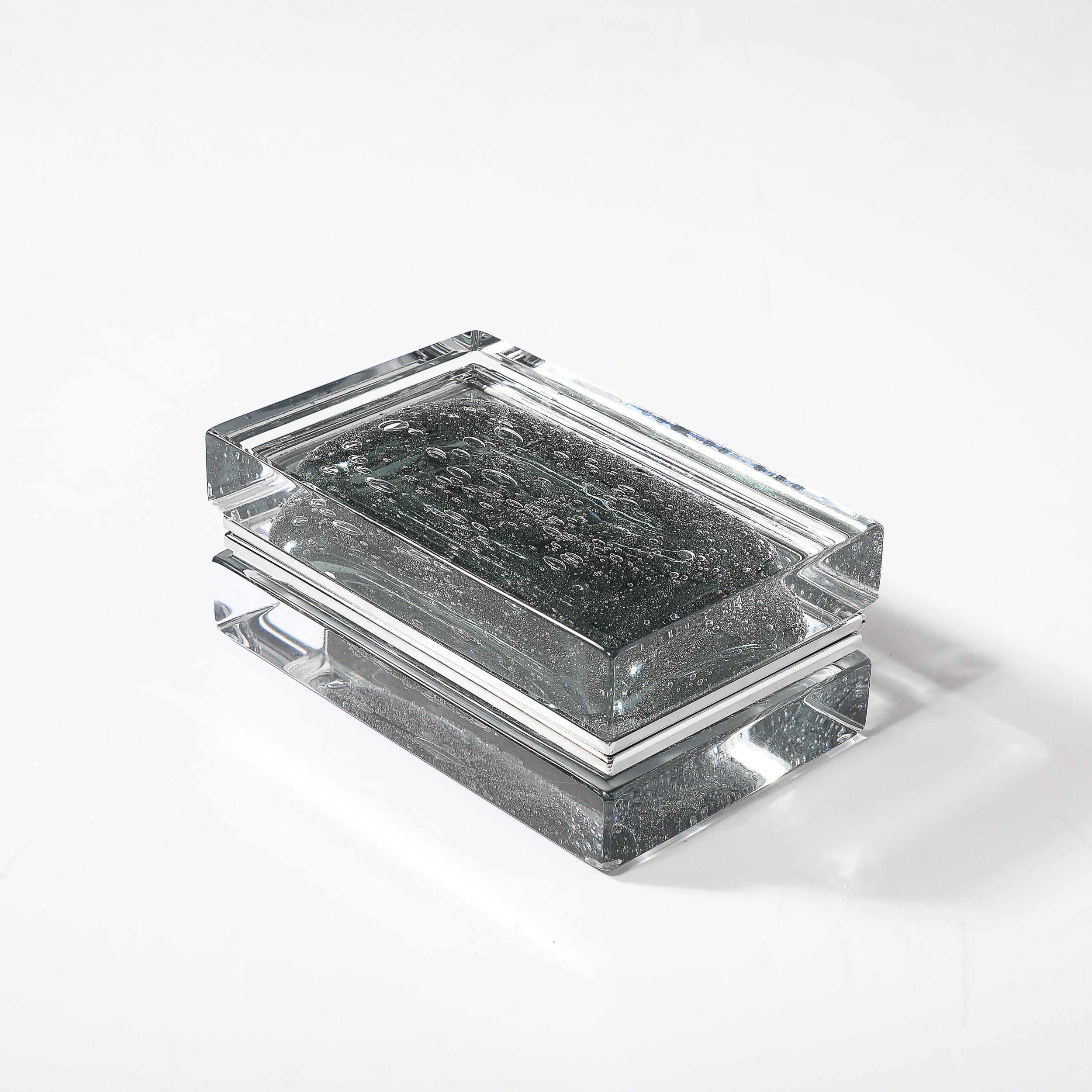 Modernist Handblown Murano Glass Box in Sage Grey W/ Pulegoso Detailing & Nickel For Sale 4