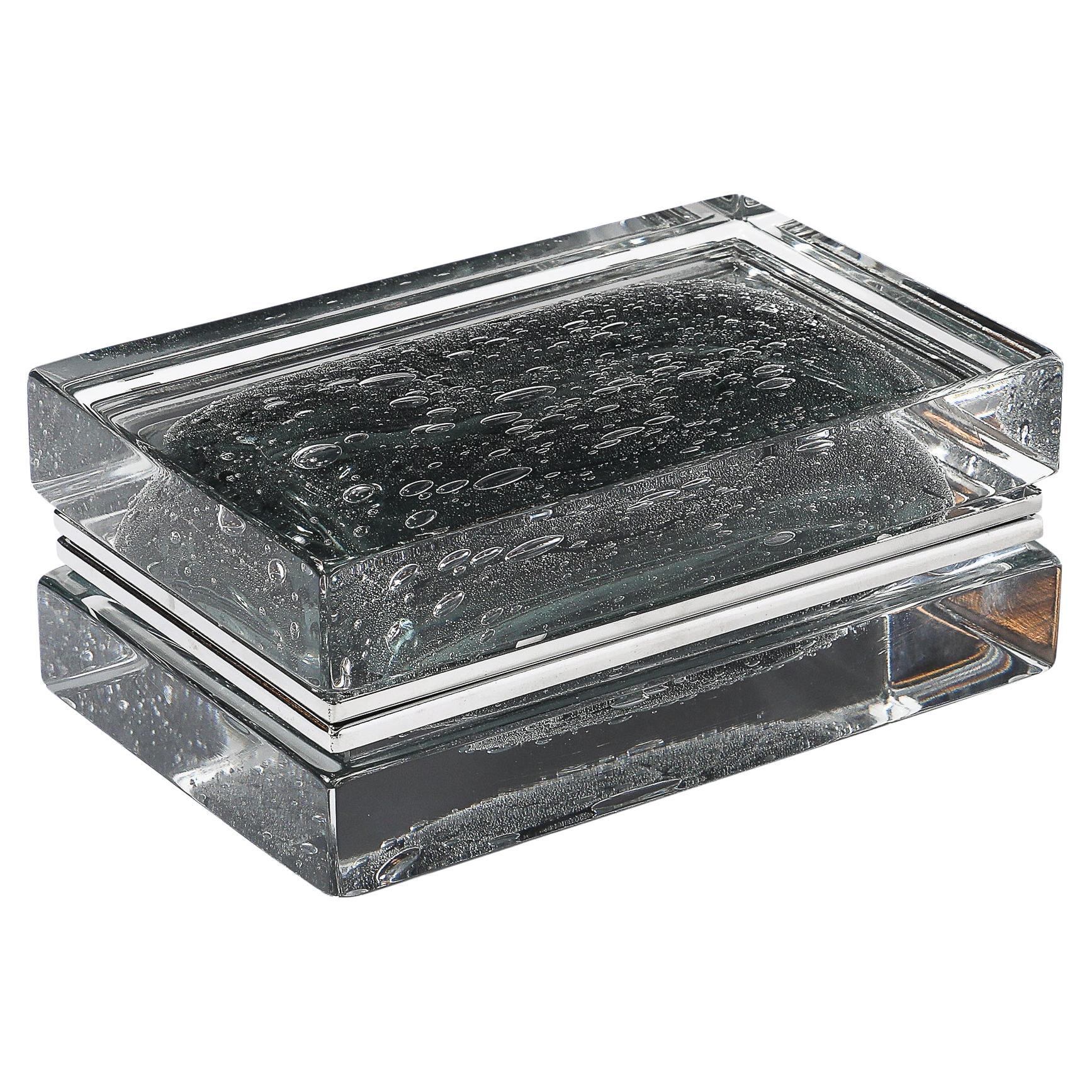 Modernist Handblown Murano Glass Box in Sage Grey W/ Pulegoso Detailing & Nickel
