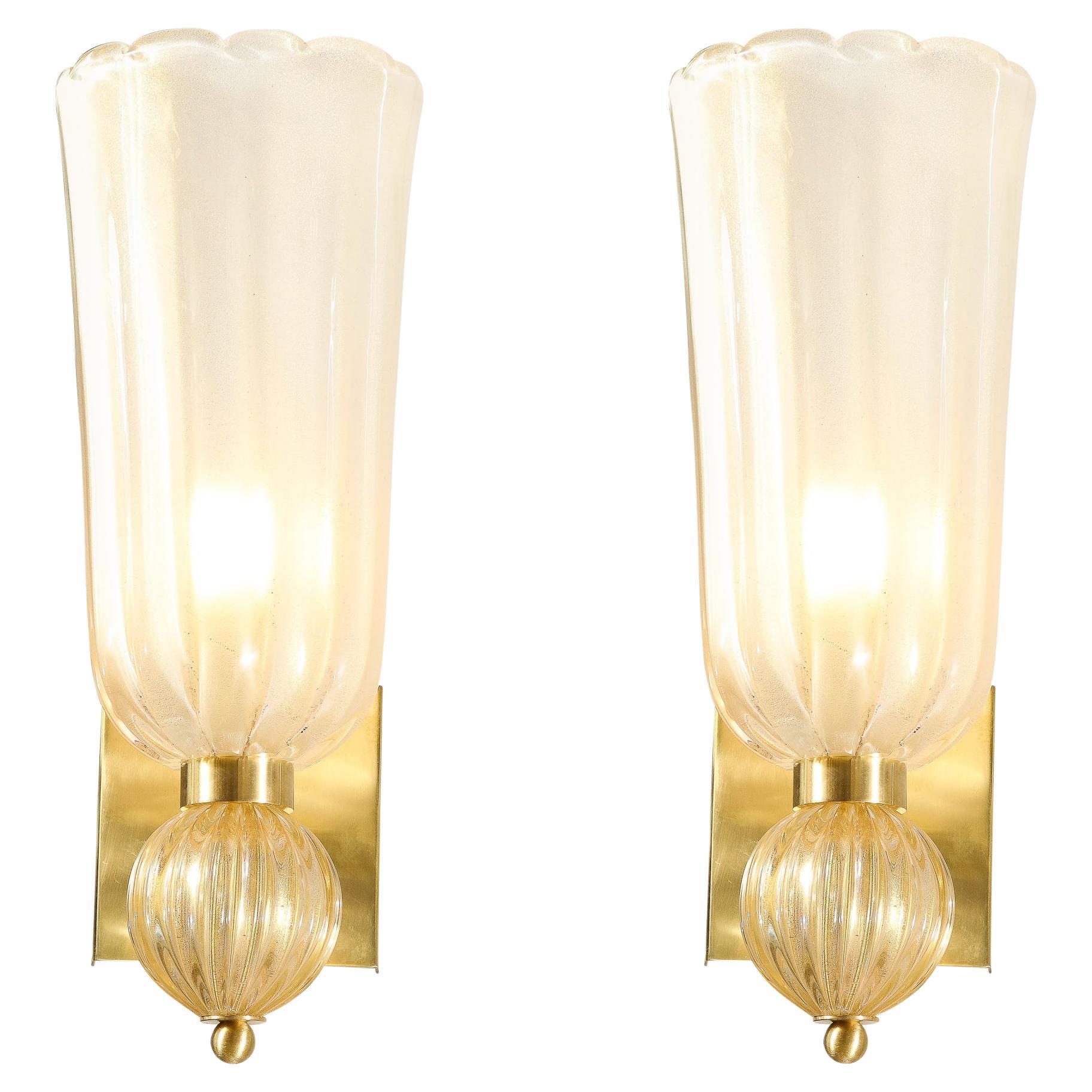 Modernist Handblown Murano Glass Elongated Tulip Sconces w/ 24-Karat Gold Flecks For Sale