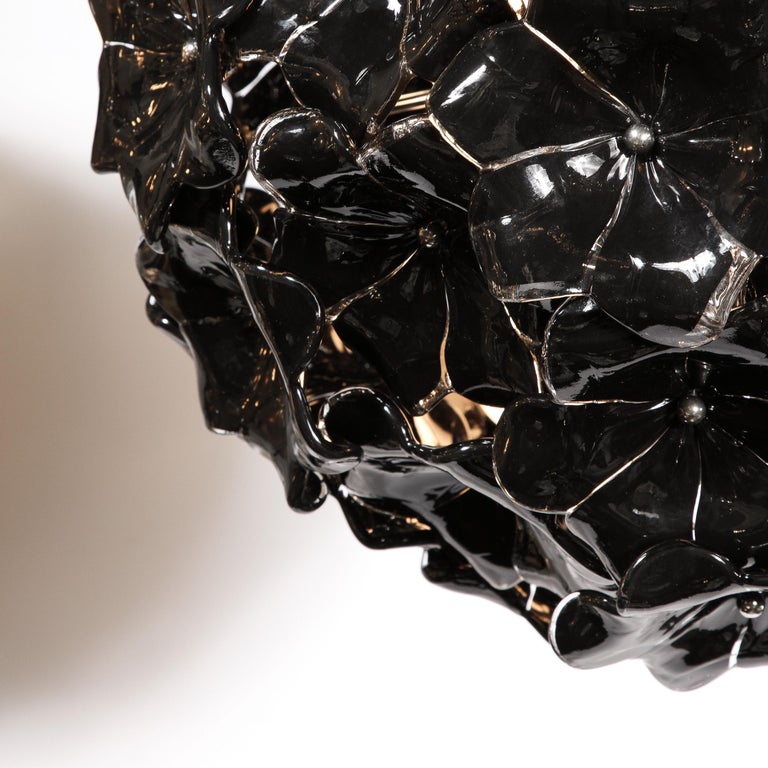 Modernist Handblown Murano Glass Floral Chandelier in Jet Black & Chrome Fitting For Sale 6