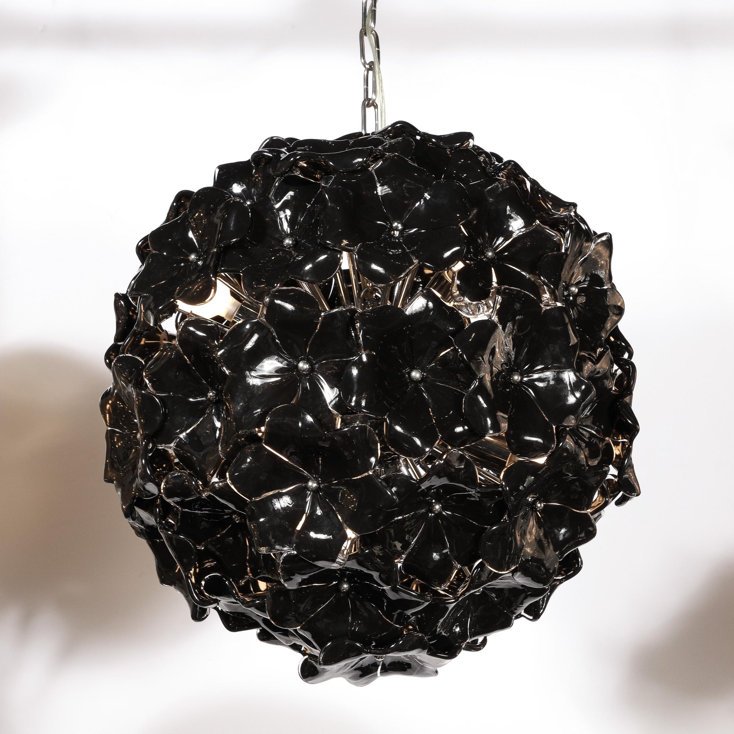 Modernist Handblown Murano Glass Floral Chandelier in Jet Black & Chrome Fitting For Sale 9