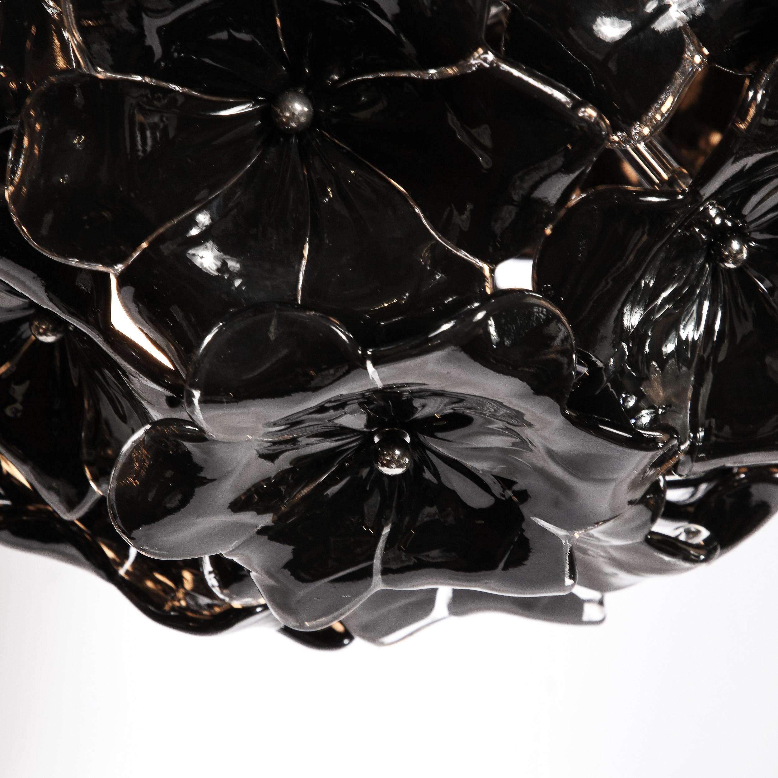 Modernistischer mundgeblasener Blumenkronleuchter aus Muranoglas in Jet-Schwarz und Chrom im Angebot 14