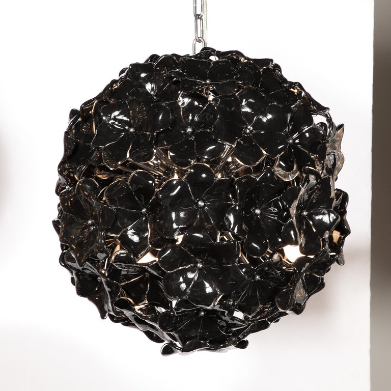 Modernist Handblown Murano Glass Floral Chandelier in Jet Black & Chrome Fitting In Excellent Condition For Sale In New York, NY