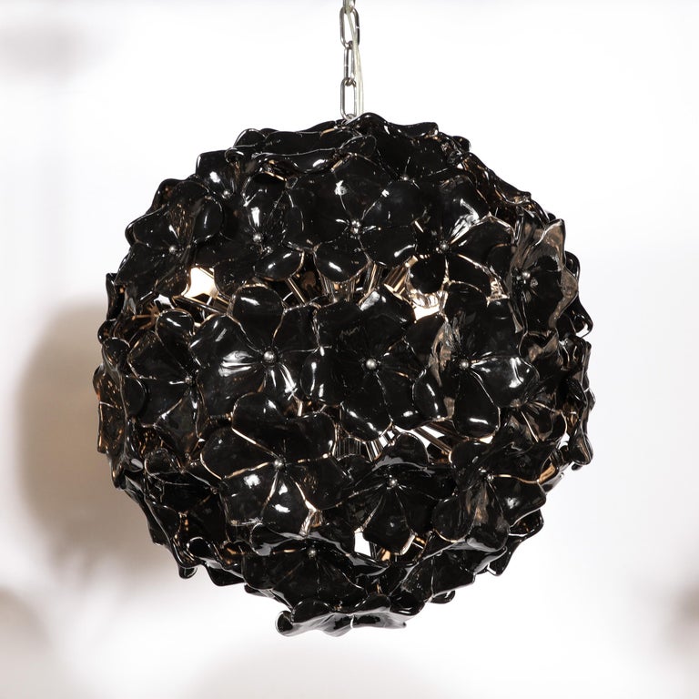 Late 20th Century Modernist Handblown Murano Glass Floral Chandelier in Jet Black & Chrome Fitting For Sale