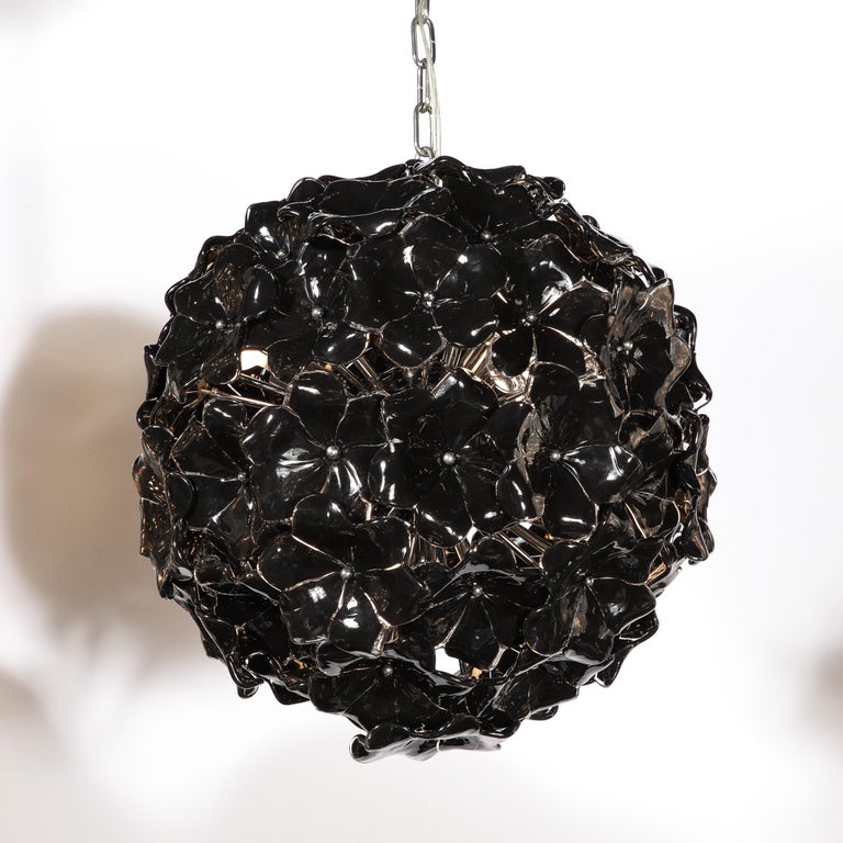 Modernist Handblown Murano Glass Floral Chandelier in Jet Black & Chrome Fitting For Sale 2