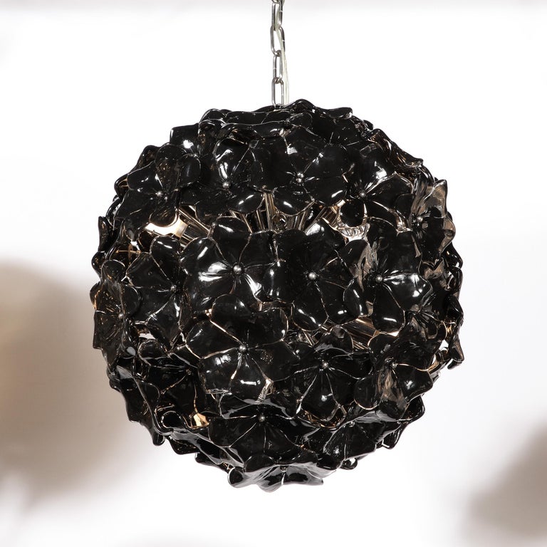 Modernist Handblown Murano Glass Floral Chandelier in Jet Black & Chrome Fitting For Sale 3