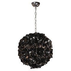 Retro Modernist Handblown Murano Glass Floral Chandelier in Jet Black & Chrome Fitting